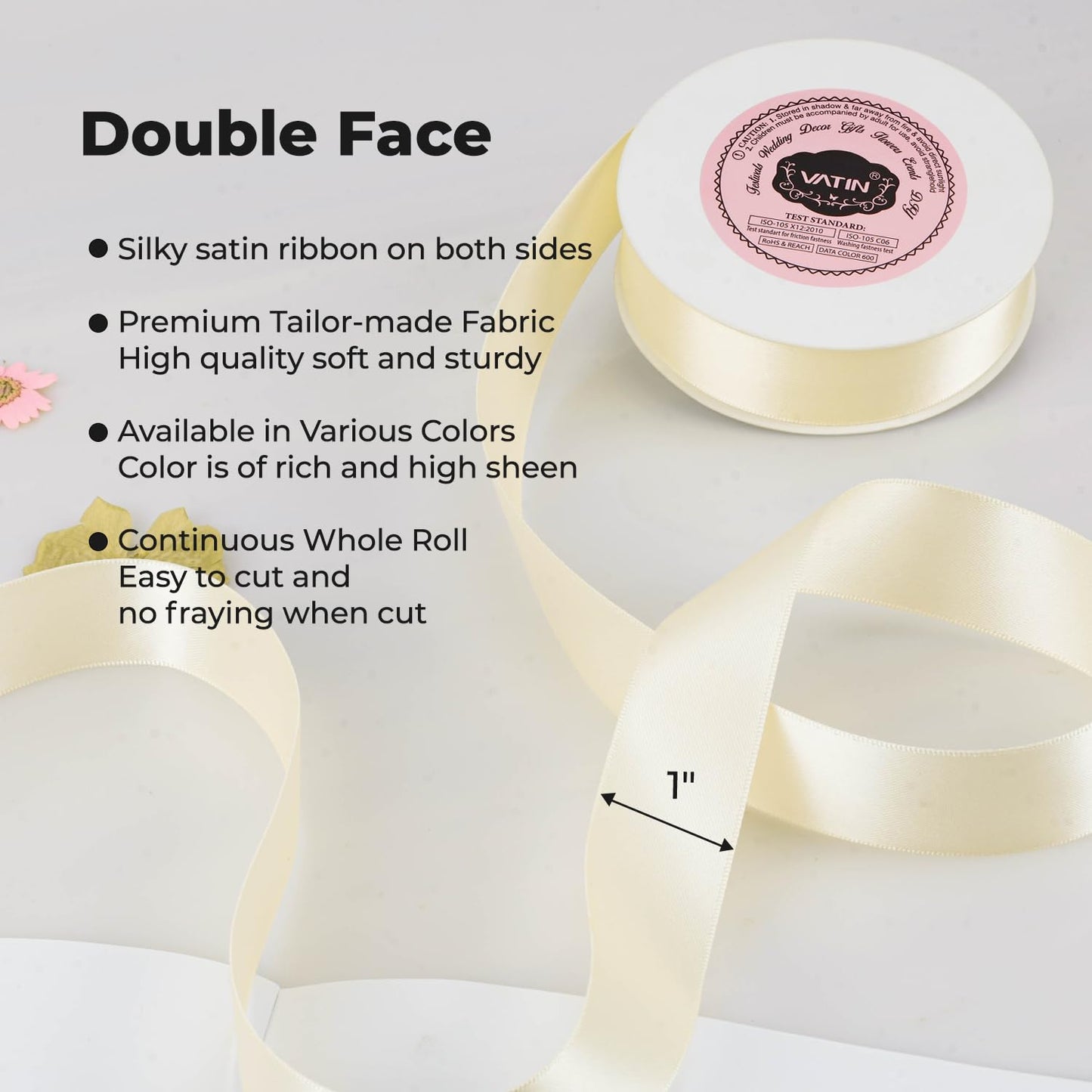 VATIN 1 inch Double Faced Polyester Satin Ribbon Deep Cream -Continuous 25 Yard Spool, Perfect for Wedding, Wreath, Baby Shower,Packing and Other Projects.