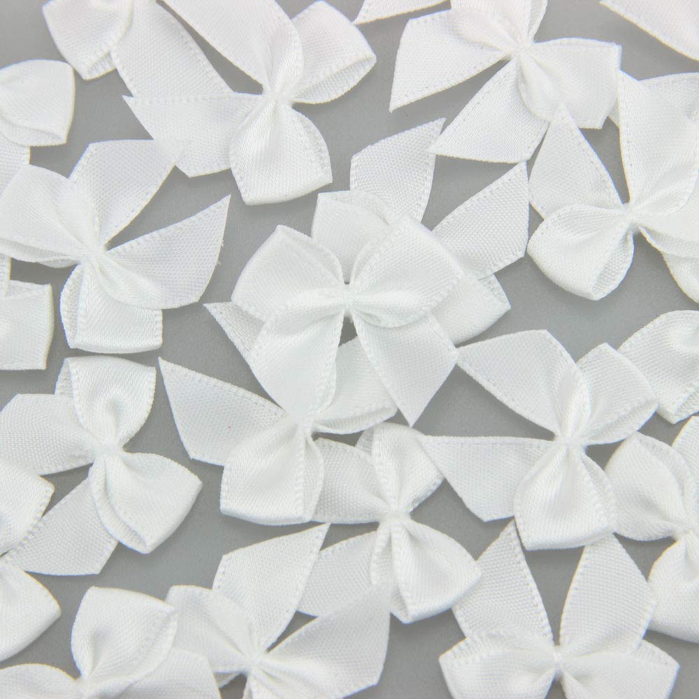 7Rainbows 50pcs Boutique Mini White Satin Ribbon Bows Flowers Appliques DIY Craft for Sewing Scrapbooking Wedding and Gift