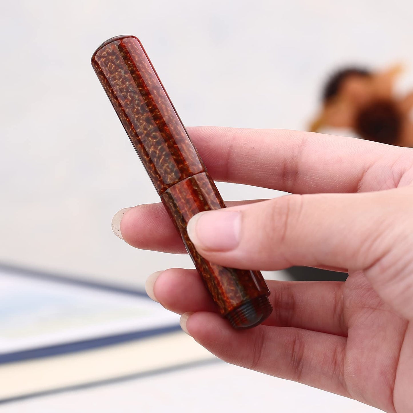 Majohn Wancai Mini Fountain Pen Iridium Fine Nib, Brown Acrylic Pocket-Size Travel Short Pen with 6 PCS Black Ink Cartridges