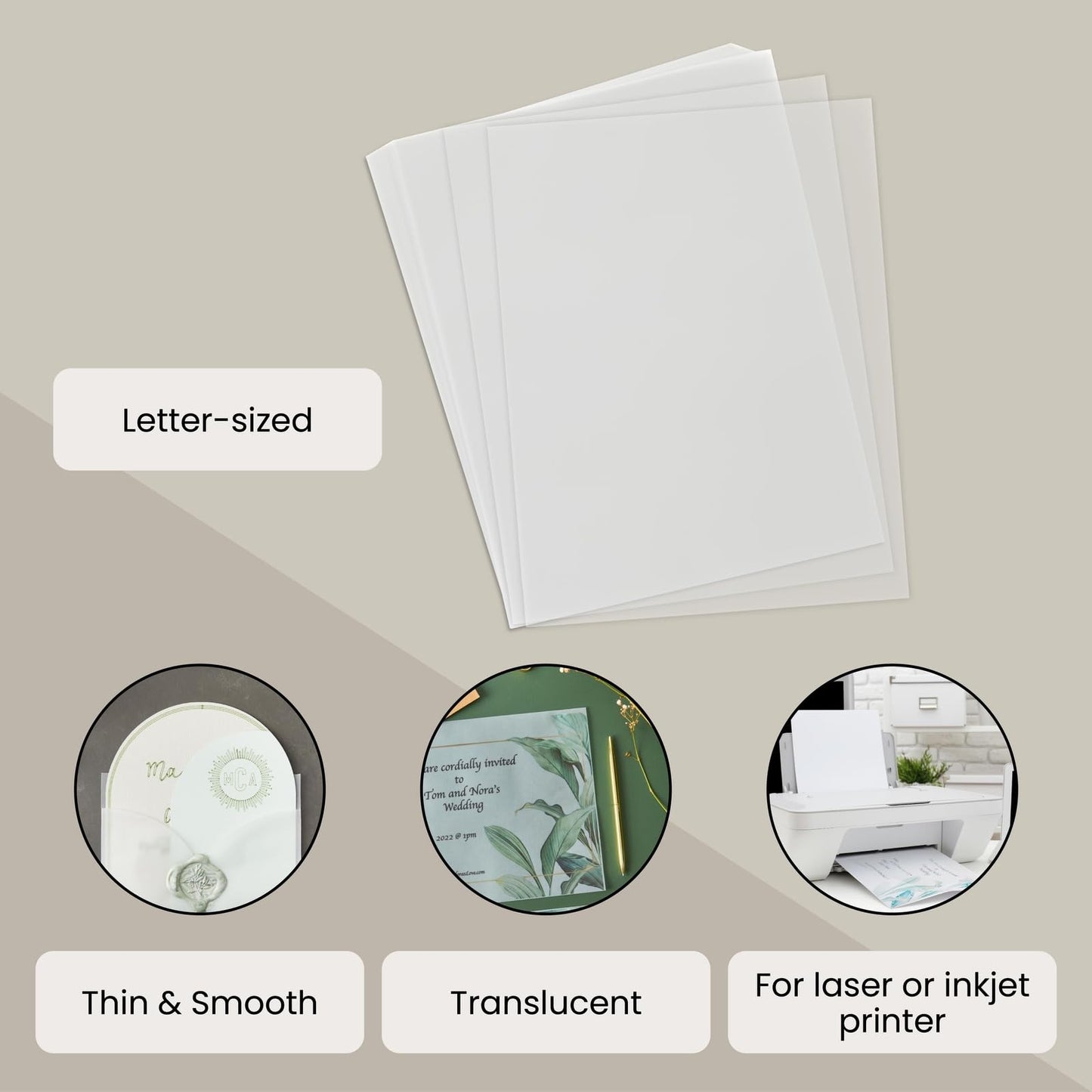 Paper Junkie 100 Sheets 8.5 x 11 in Translucent Vellum Paper - 93gsm/63lb Printable Tracing Paper for Invitation, Sketching and Card Overlays