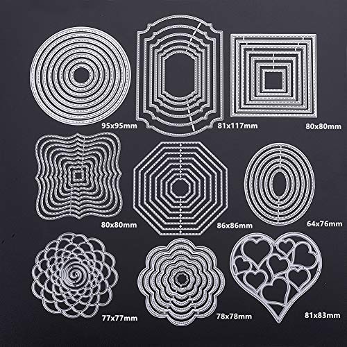 BENECREAT 9 Sets Cutting Dies Cut Metal Scrapbooking Stencils Nesting Die for Festival Chrismas Embossing Photo Album Cards Making - Round, Square, Octagon, Heart, Flower
