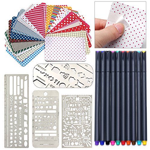 Scrapbooking Set - Unique Stencils (3) + Pattern Stickers (24) + Fine Color Markers (10)