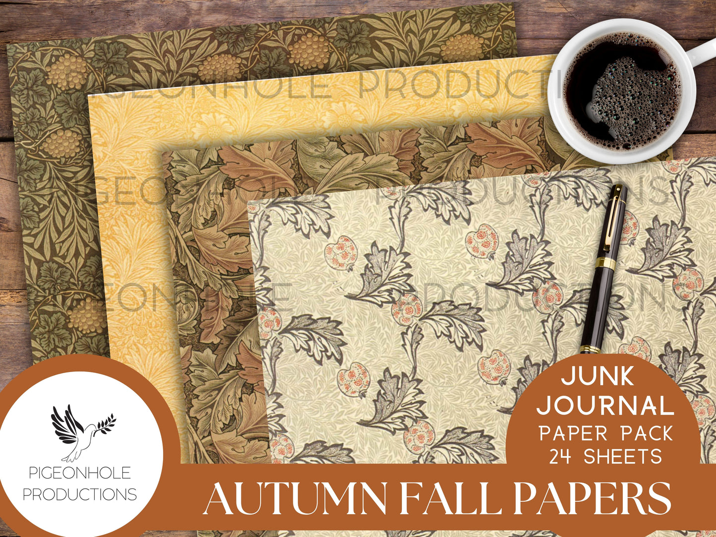 Autumn Fall Paper Pack, PRINTABLE, for junk journals and other paper crafts, beautiful traditional William Morris (1834-1896) warm papers