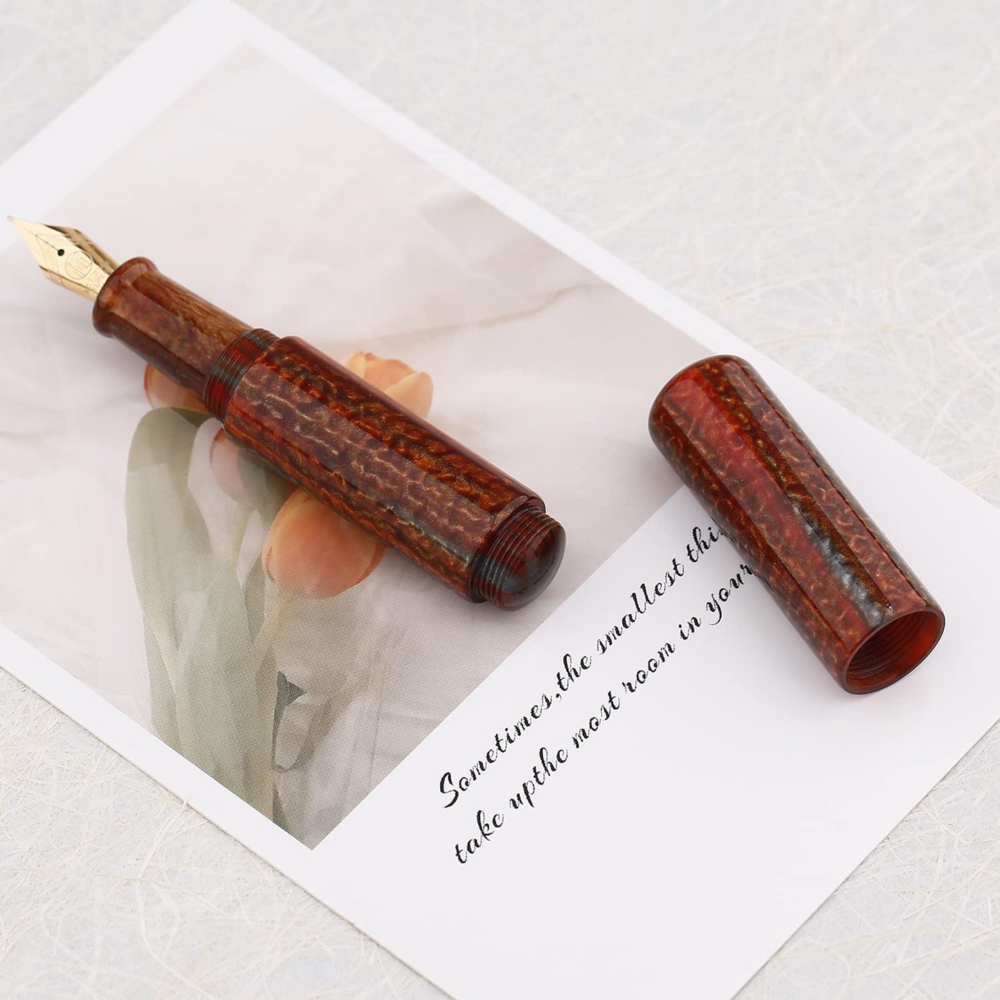 Majohn Wancai Mini Fountain Pen Iridium Fine Nib, Brown Acrylic Pocket-Size Travel Short Pen with 6 PCS Black Ink Cartridges