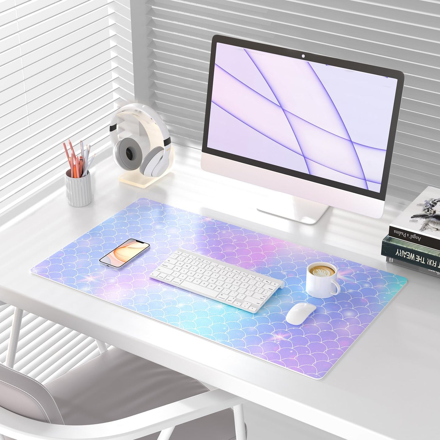 QIYI Multifunctional Office Desk Pad, Water-Resistant PU Leather Mouse Pad, Home Décor Large Desk Organizer Mat, Non Slip Base Writing Pads for Home & Office 31.5" x 15.7" - Mermaid Scales