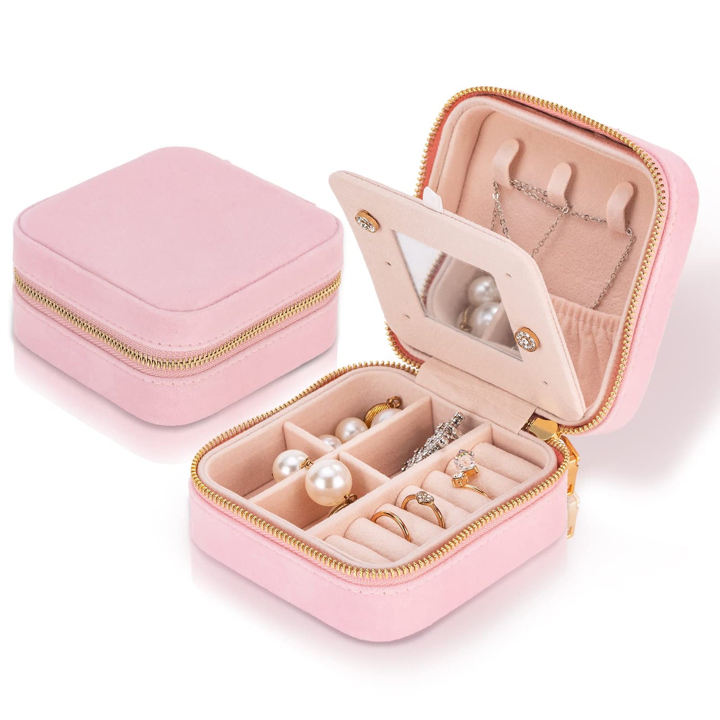 Travel Velvet Jewelry Box with Mirror, Mini Gifts Case for Women Girls, Small Portable Organizer Boxes for Rings Earrings Necklaces Bracelets