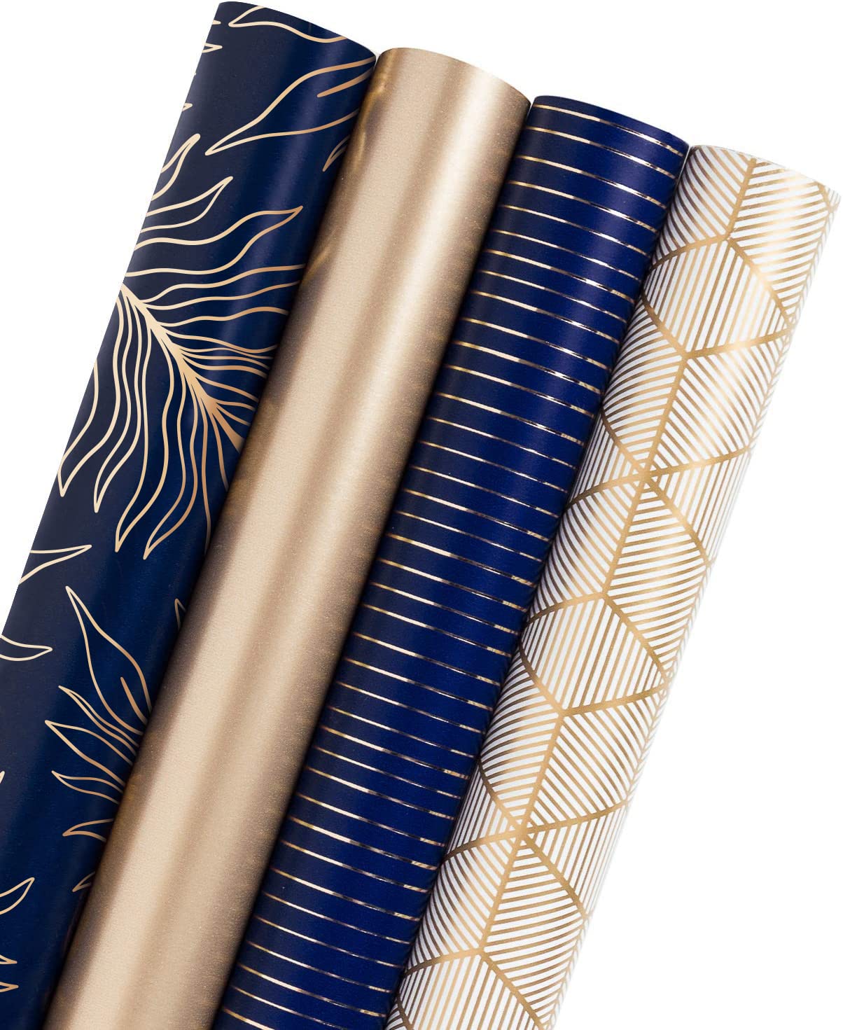 WRAPAHOLIC Wrapping Paper Roll - Gold and Navy Print with Cut Lines for Birthday, Holiday, Father's Day, Baby Shower - 4 Rolls - 30 inch X 120 inch Per Roll