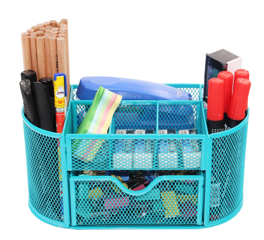 PAG Desk Organizers and Accessories Storage Caddy, Office Supplies Desktop Organization, Office Decor Mesh Pencil Holder, 9 Compartments, Blue
