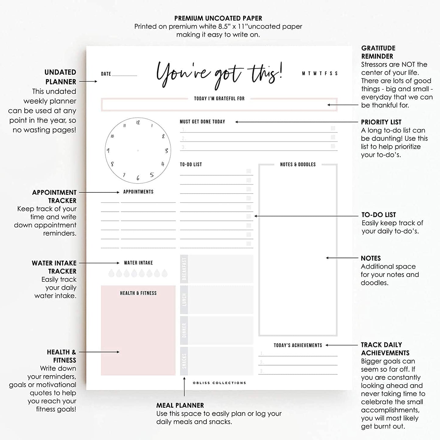 Bliss Collections Daily Planner, To Do List Notebook - You've Got This - Undated Tear-Off Sheets Notepad - Day or Work Calendar, Organizer, Scheduler for Goals, Tasks, Ideas - 8.5" x 11", 50 Sheets