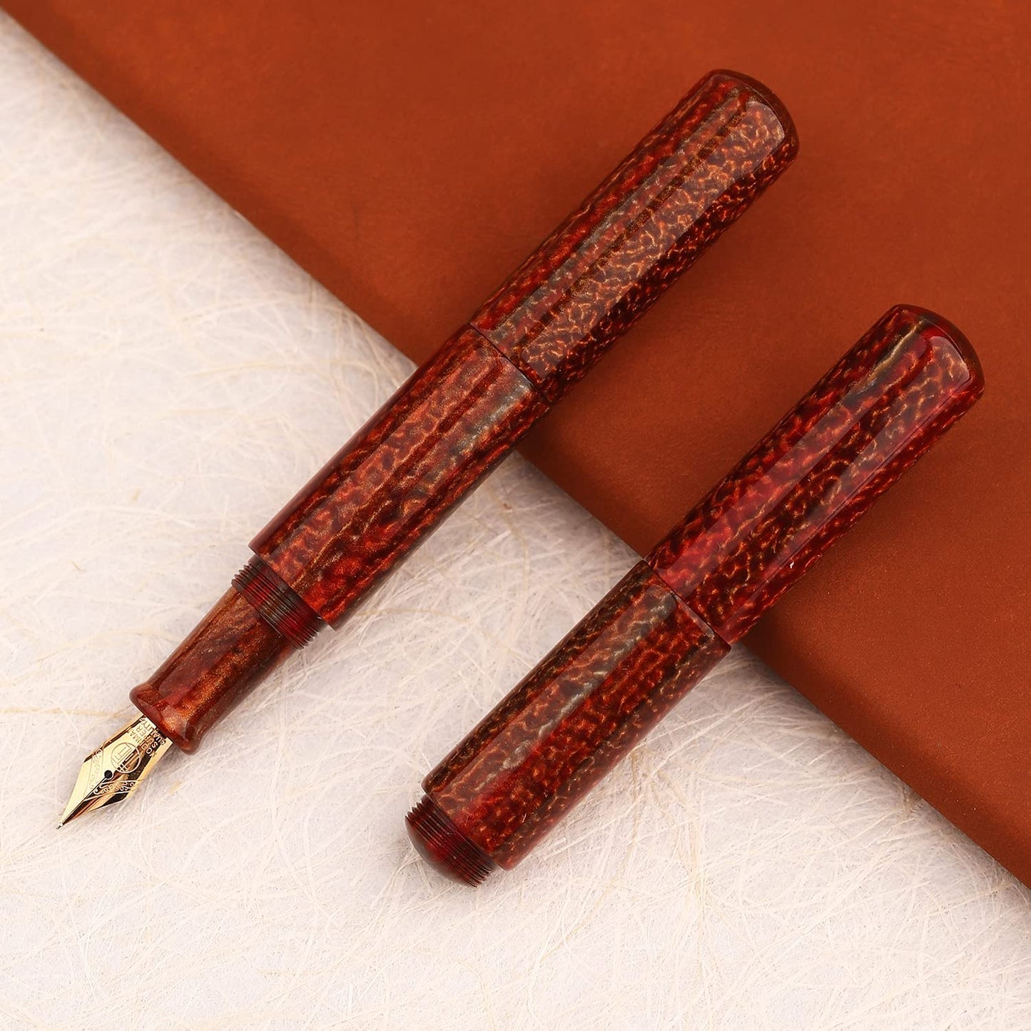Majohn Wancai Mini Fountain Pen Iridium Fine Nib, Brown Acrylic Pocket-Size Travel Short Pen with 6 PCS Black Ink Cartridges