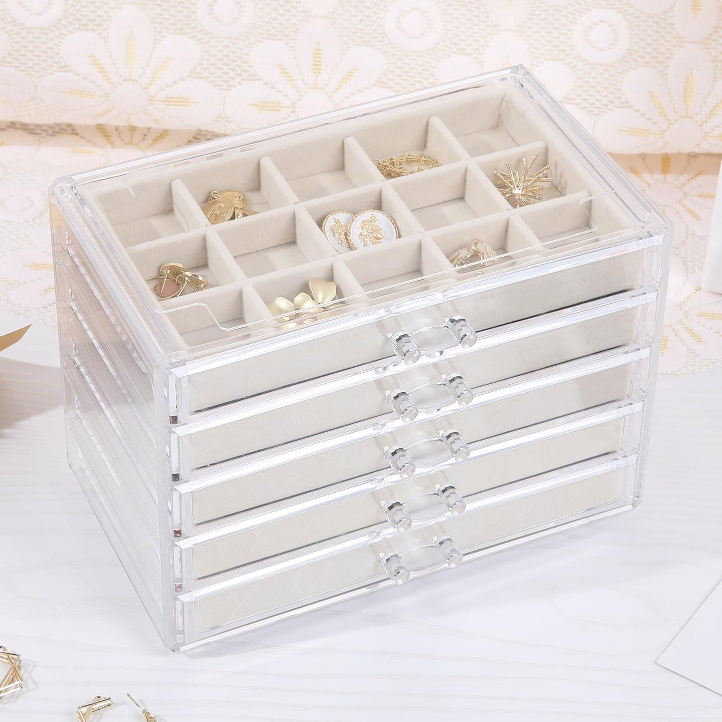 misaya Earring Jewelry Organizer with 5 Drawers, Mother's Day Gift, Clear Acrylic Jewelry Box for Women, Velvet Earring Display Holder for Earrings Ring Bracelet Necklace, Cream