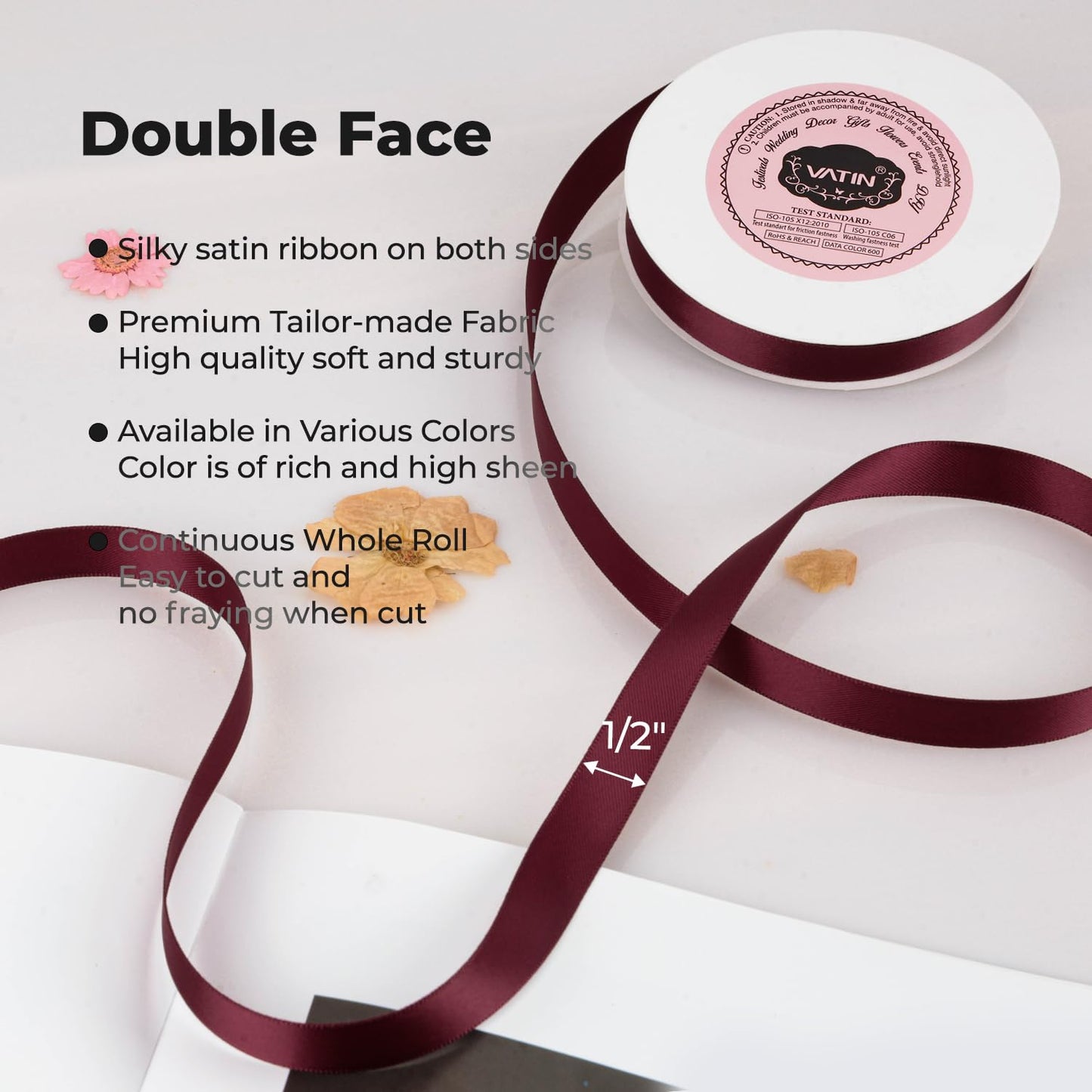 VATIN 1/2 inches Double Faced Wine Polyester Satin Ribbon - 50 Yards for Gift Wrapping Ornaments Party Favor Braids Baby Shower Decoration Floral Arrangement Craft Supplies