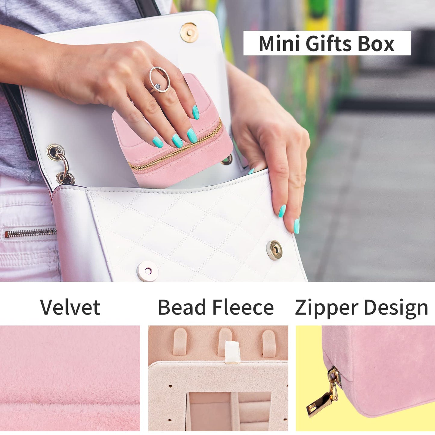 Travel Velvet Jewelry Box with Mirror, Mini Gifts Case for Women Girls, Small Portable Organizer Boxes for Rings Earrings Necklaces Bracelets