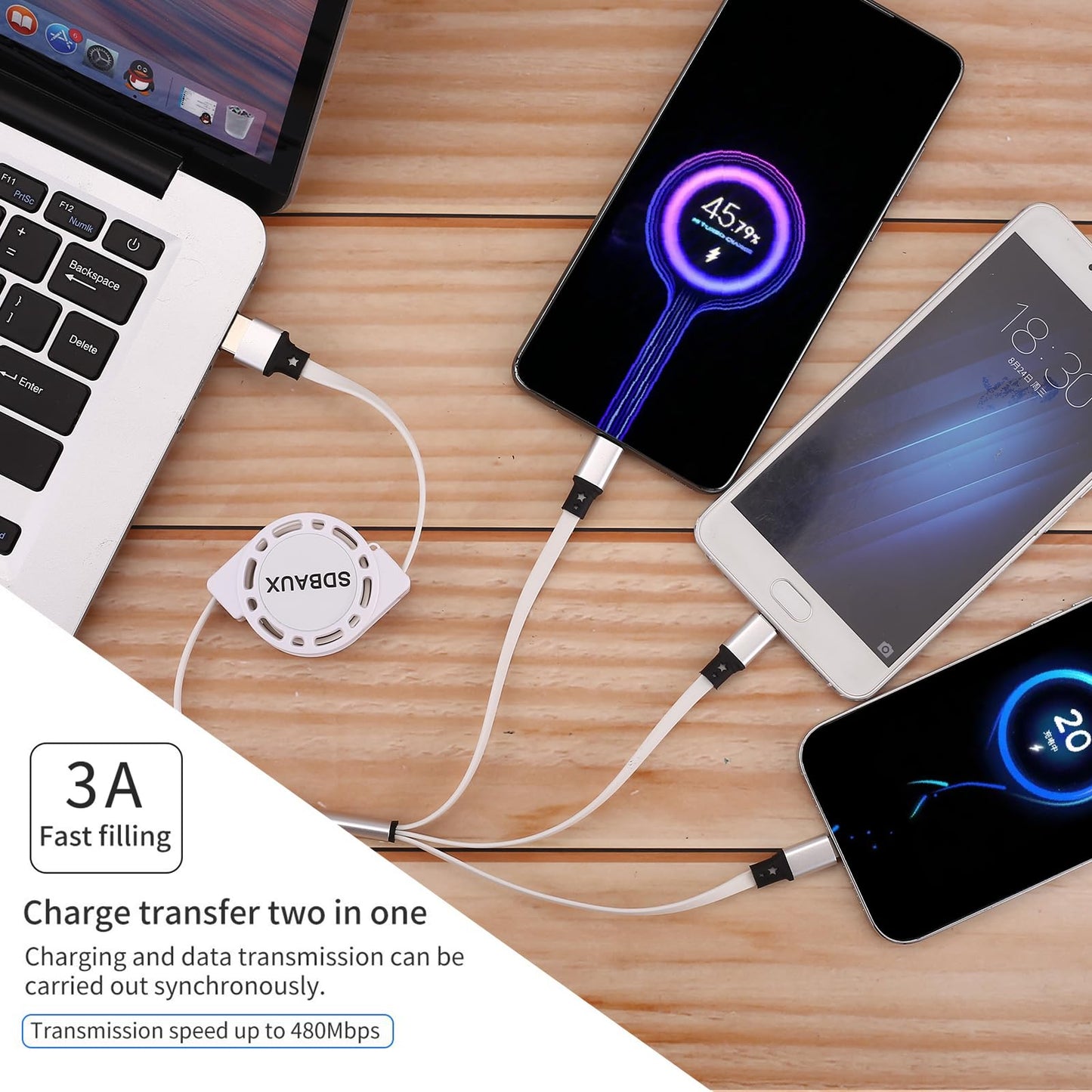 SDBAUX 2Pack Multi USB Charger Cable Retractable 3 in 1 Multiple Charging Cord Adapter with Mini Type C Micro USB Port Connectors Compatible with Cell Phones Tablets Universal Use (3.3ft/White)