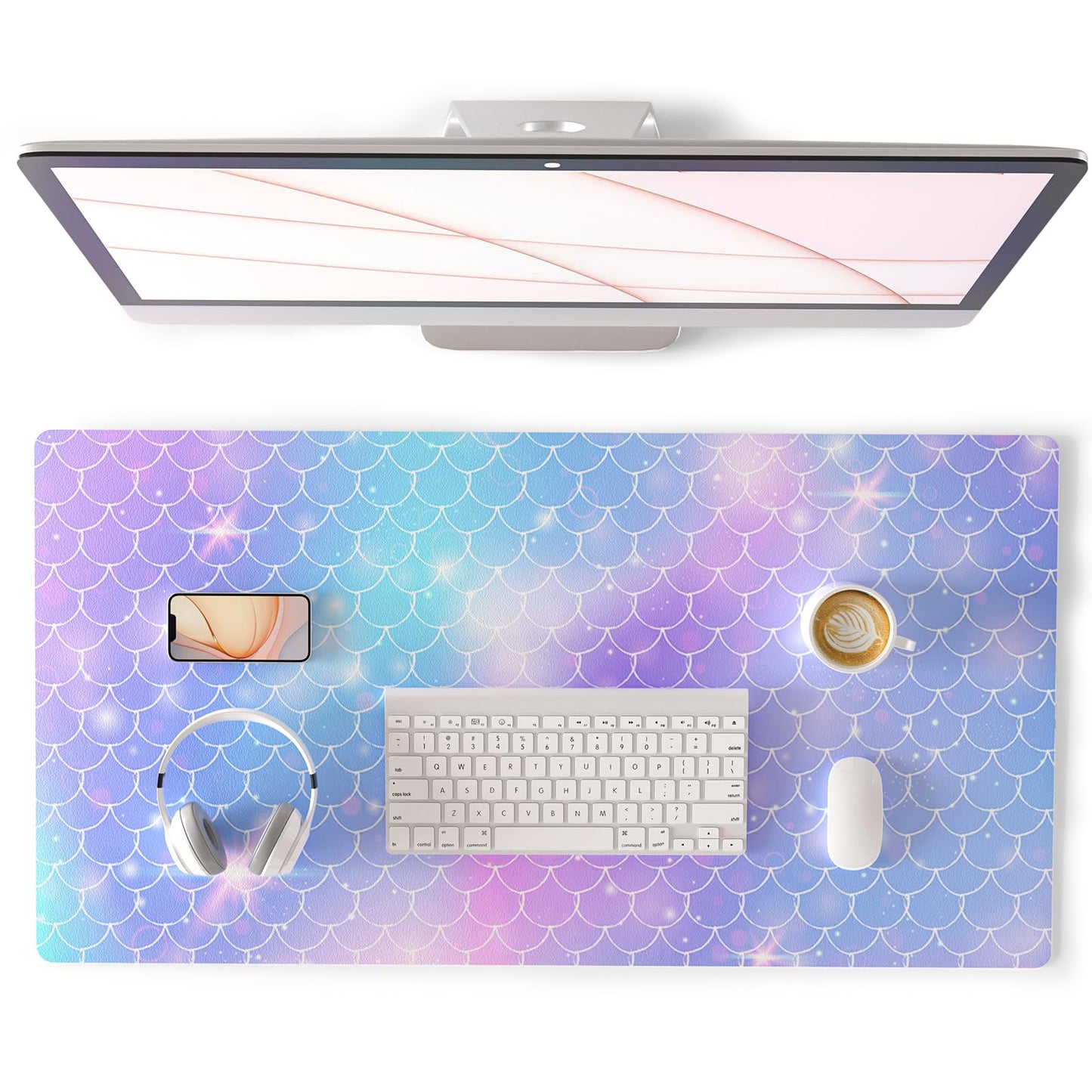 QIYI Multifunctional Office Desk Pad, Water-Resistant PU Leather Mouse Pad, Home Décor Large Desk Organizer Mat, Non Slip Base Writing Pads for Home & Office 31.5" x 15.7" - Mermaid Scales