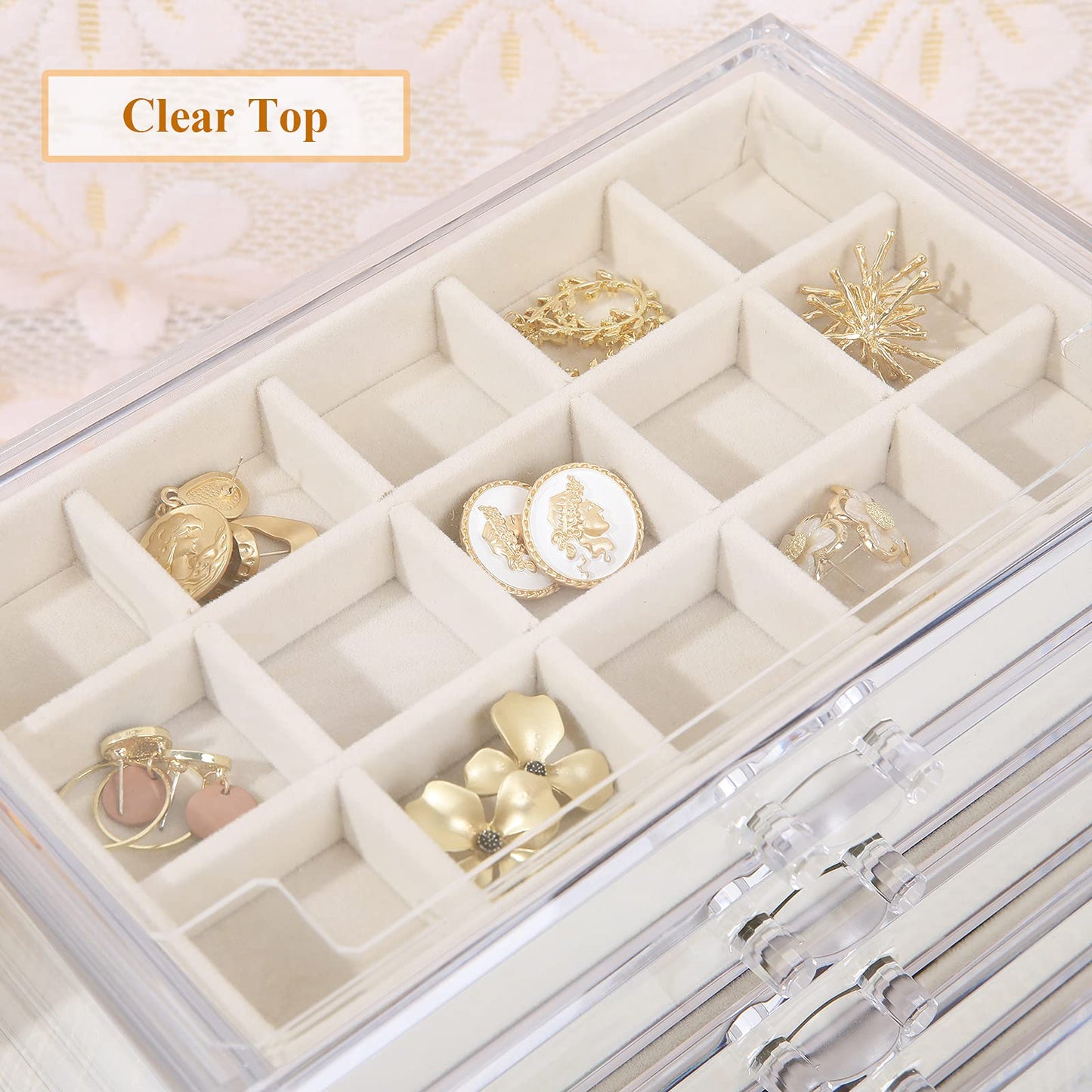 misaya Earring Jewelry Organizer with 5 Drawers, Mother's Day Gift, Clear Acrylic Jewelry Box for Women, Velvet Earring Display Holder for Earrings Ring Bracelet Necklace, Cream