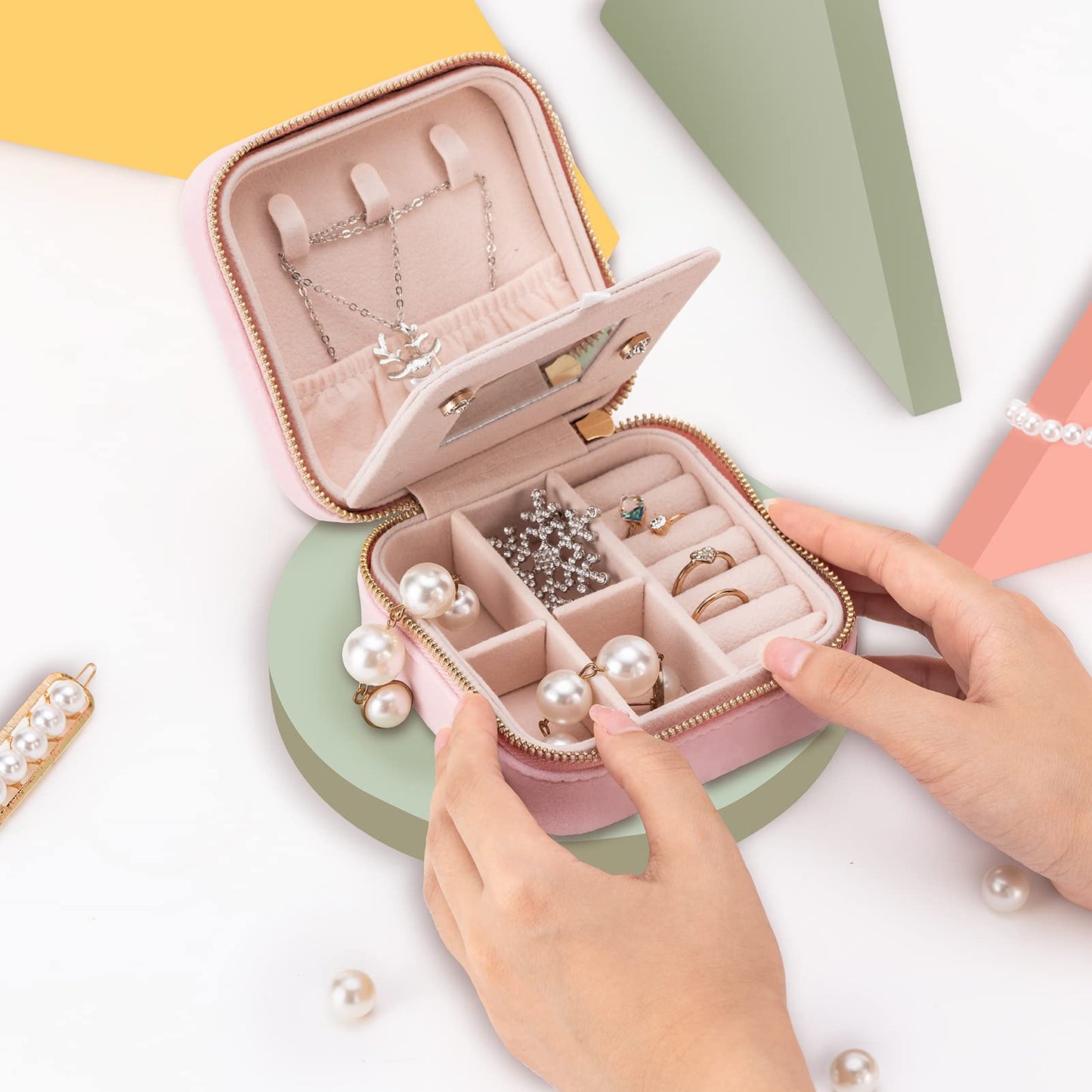 Travel Velvet Jewelry Box with Mirror, Mini Gifts Case for Women Girls, Small Portable Organizer Boxes for Rings Earrings Necklaces Bracelets