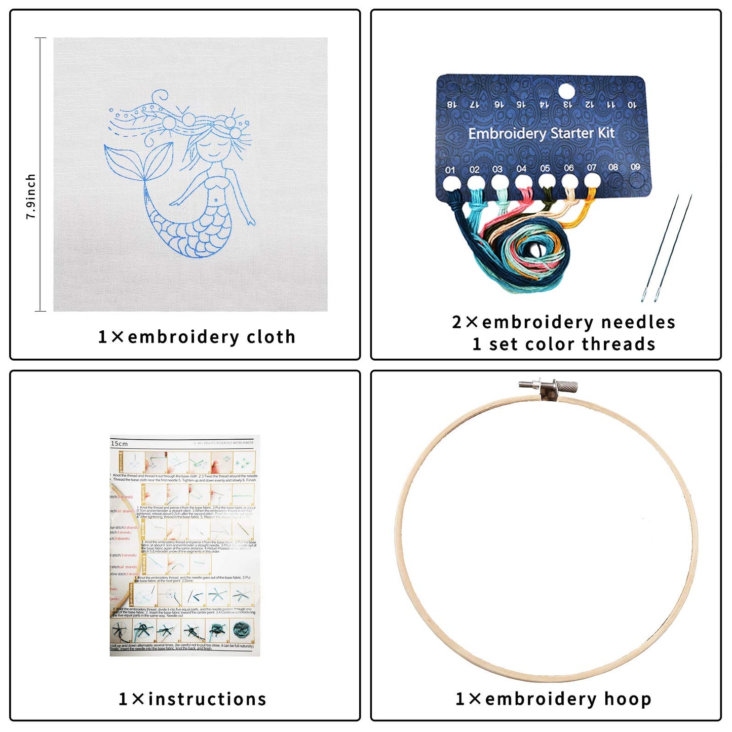 Wodison Kids Embroidery Kit for Adults Beginner Kids Child Cross Stitch Starter Kit with Cute Mermaid Princess Pattern Craft Embroidery Hoops Floss Thread Needles