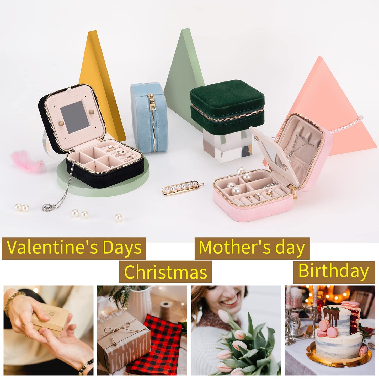 Travel Velvet Jewelry Box with Mirror, Mini Gifts Case for Women Girls, Small Portable Organizer Boxes for Rings Earrings Necklaces Bracelets
