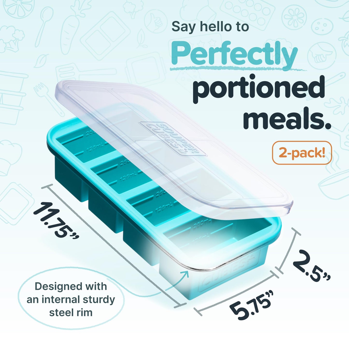 Souper Cubes 1 Cup Silicone Freezer Tray With Lid - Easy Meal Prep Container and Kitchen Storage Solution - Silicone Molds for Soup and Food Storage - Aqua - 2-Pack