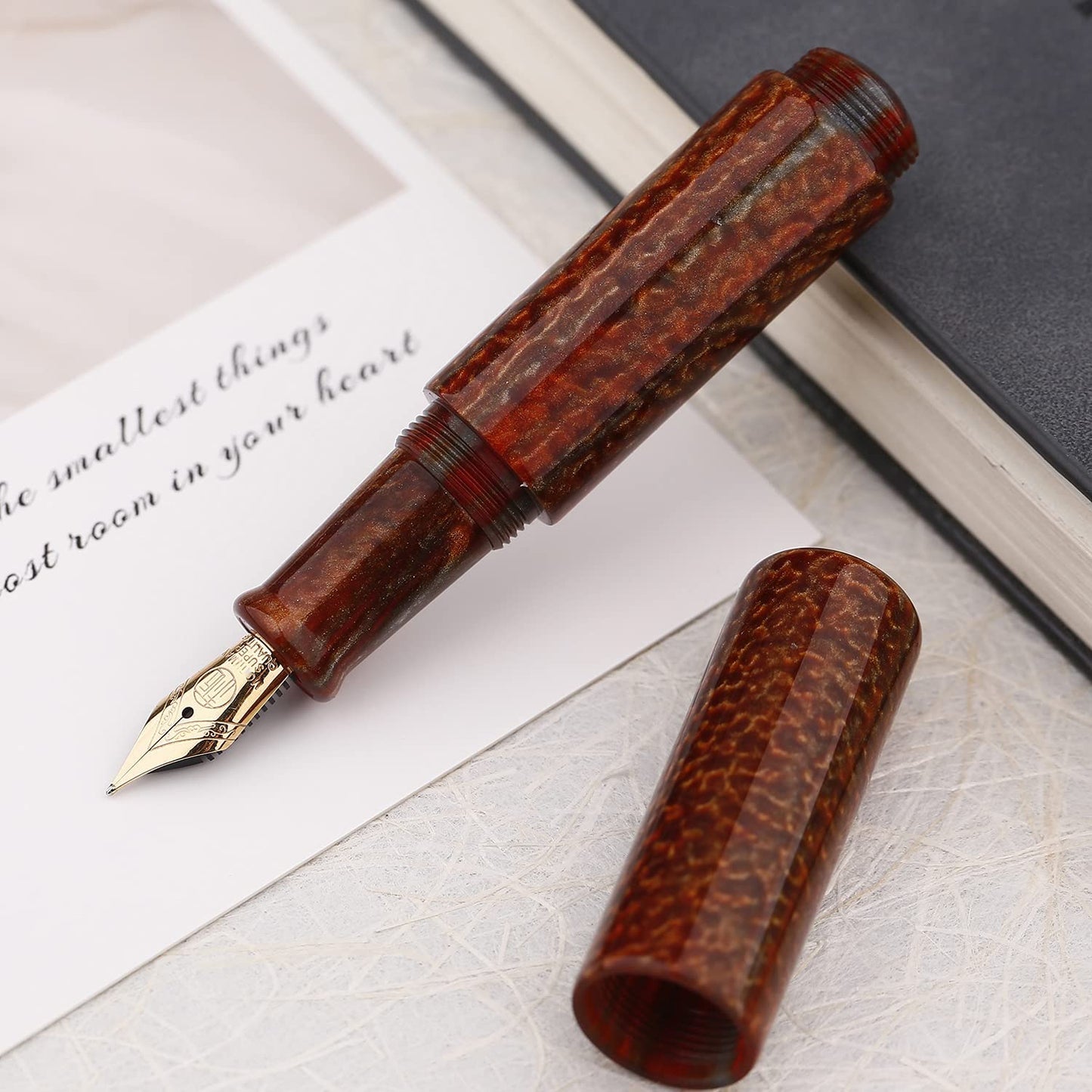Majohn Wancai Mini Fountain Pen Iridium Fine Nib, Brown Acrylic Pocket-Size Travel Short Pen with 6 PCS Black Ink Cartridges