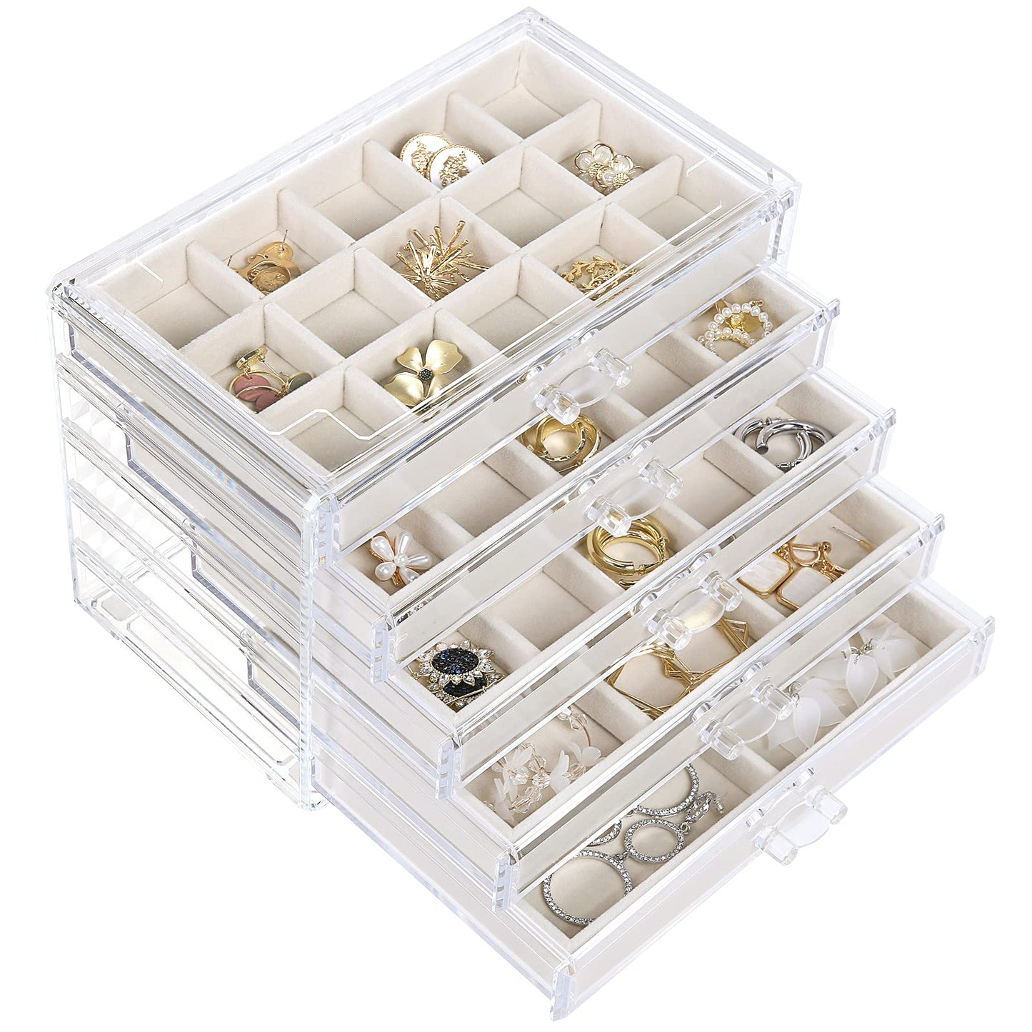 misaya Earring Jewelry Organizer with 5 Drawers, Mother's Day Gift, Clear Acrylic Jewelry Box for Women, Velvet Earring Display Holder for Earrings Ring Bracelet Necklace, Cream