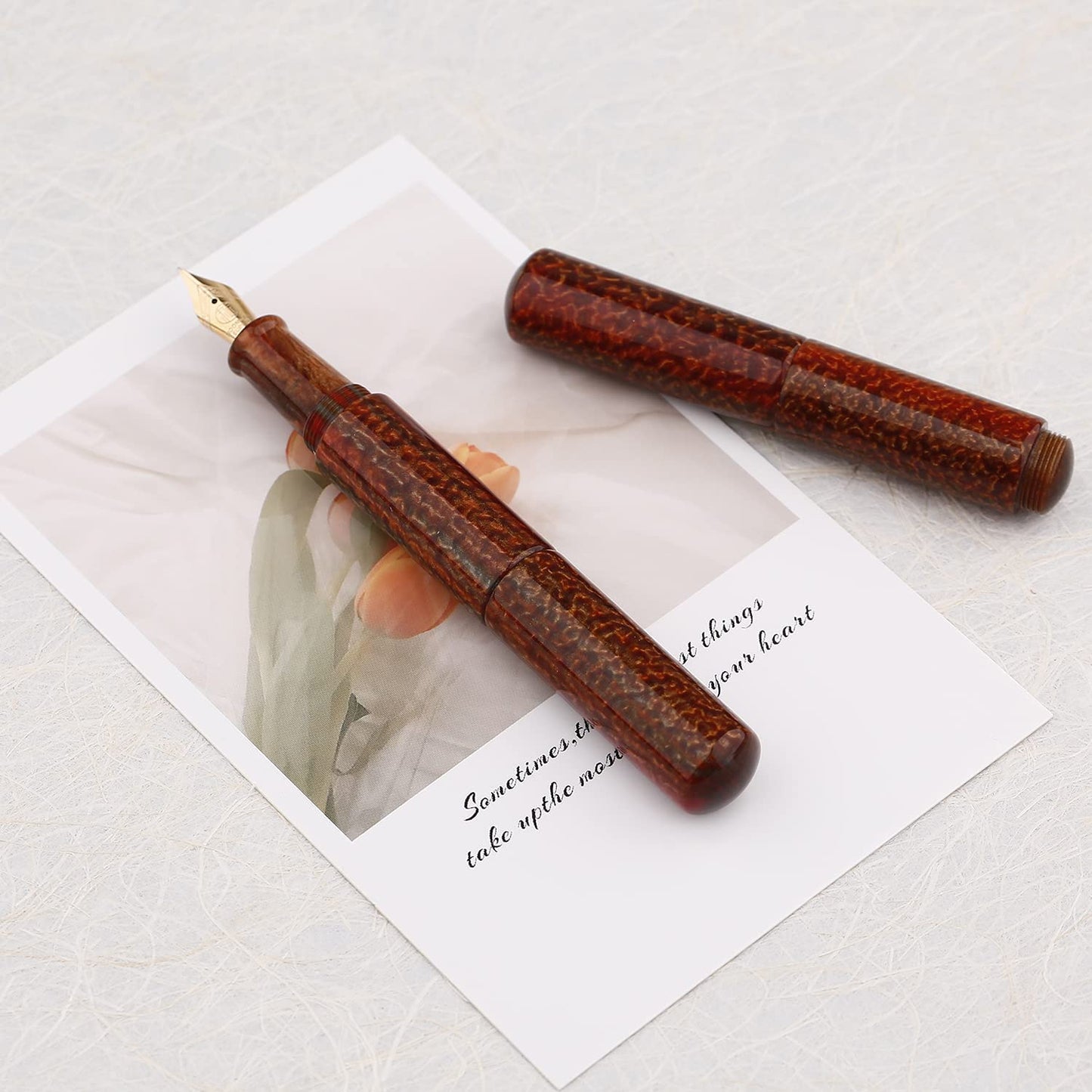 Majohn Wancai Mini Fountain Pen Iridium Fine Nib, Brown Acrylic Pocket-Size Travel Short Pen with 6 PCS Black Ink Cartridges