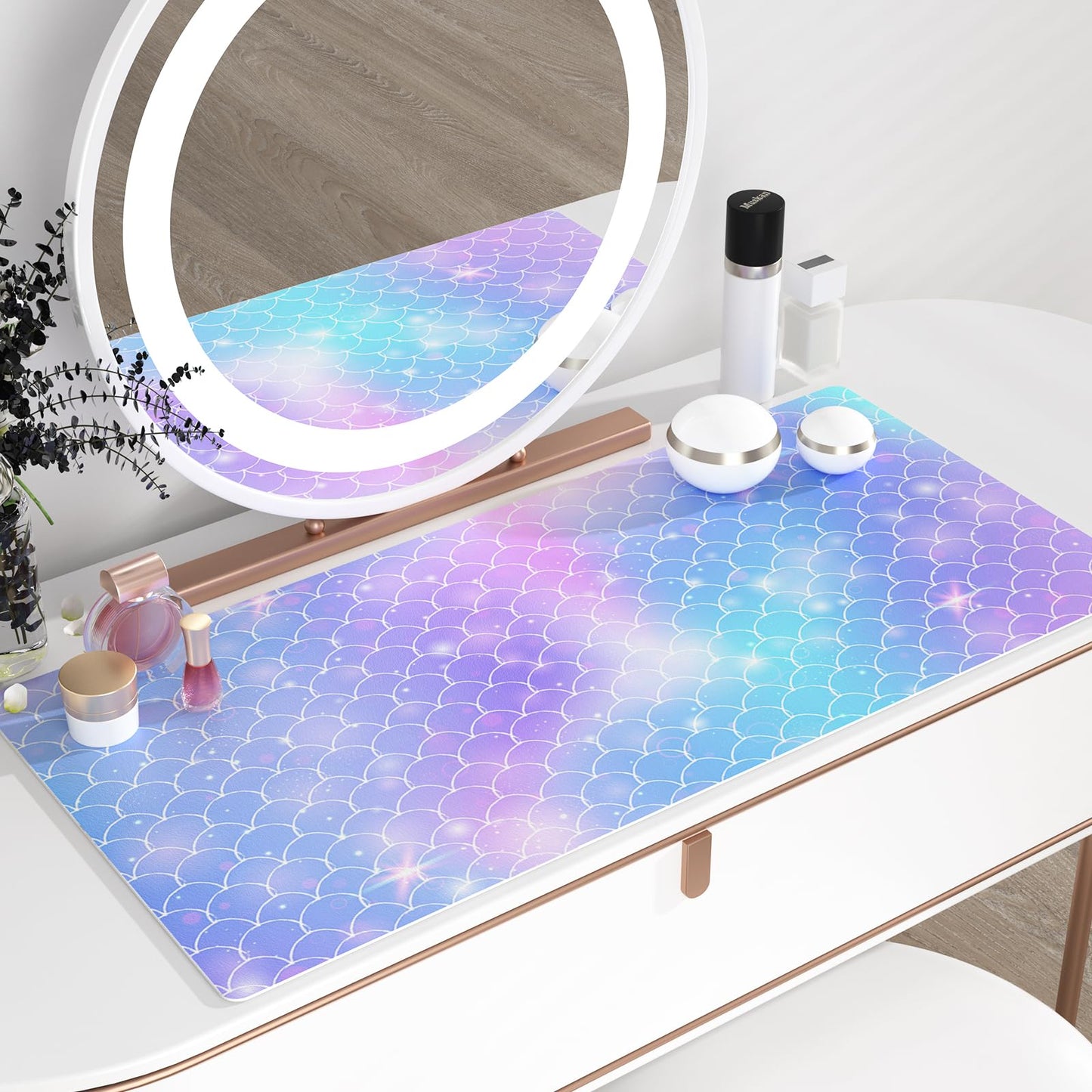 QIYI Multifunctional Office Desk Pad, Water-Resistant PU Leather Mouse Pad, Home Décor Large Desk Organizer Mat, Non Slip Base Writing Pads for Home & Office 31.5" x 15.7" - Mermaid Scales