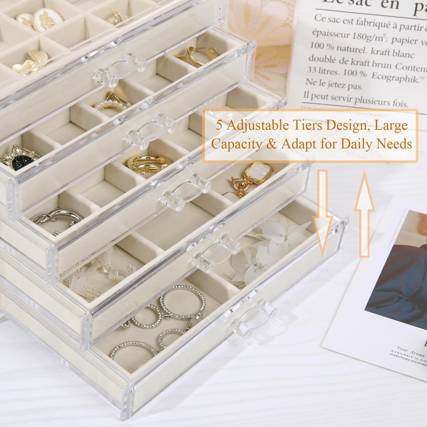 misaya Earring Jewelry Organizer with 5 Drawers, Mother's Day Gift, Clear Acrylic Jewelry Box for Women, Velvet Earring Display Holder for Earrings Ring Bracelet Necklace, Cream