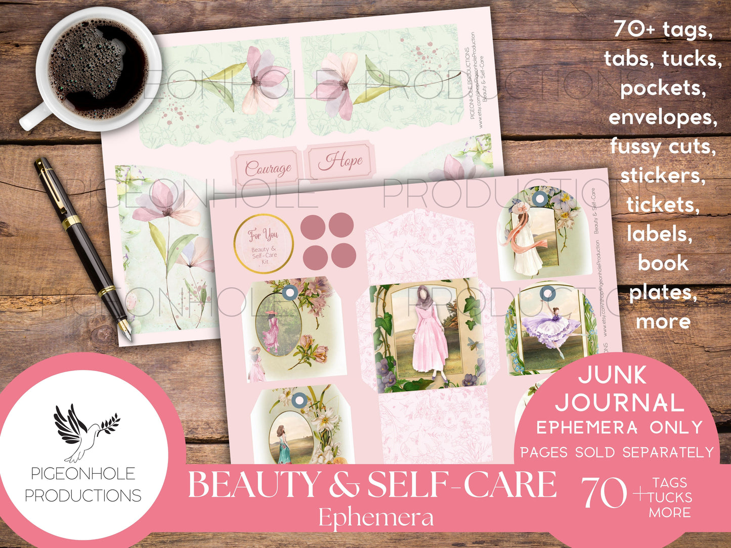 Beauty & Self-Care Junk Journal EPHEMERA, PRINTABLE, 70+ tags, tucks, pockets, envelopes, fussy cuts, stickers, tickets, labels, bookplates