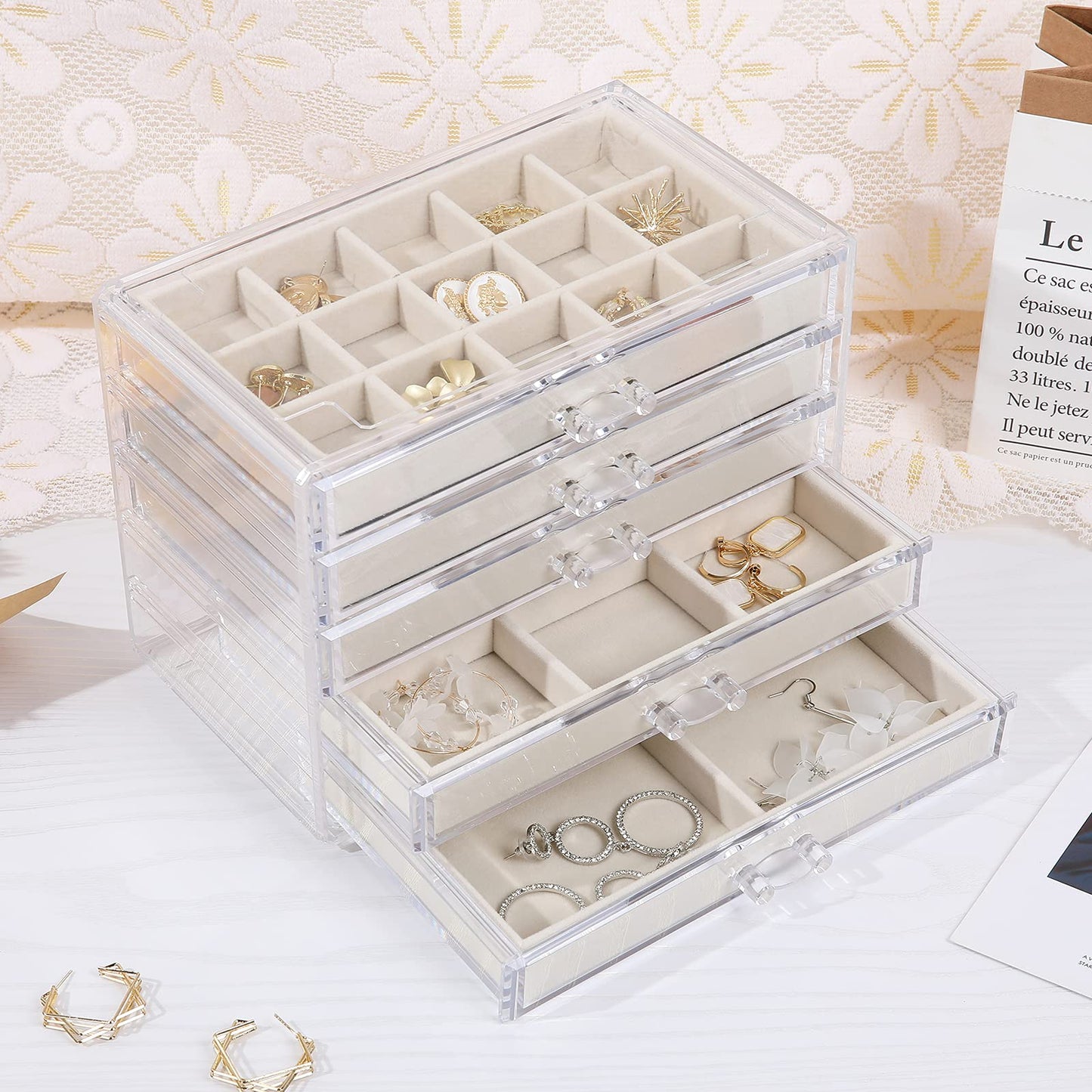 misaya Earring Jewelry Organizer with 5 Drawers, Mother's Day Gift, Clear Acrylic Jewelry Box for Women, Velvet Earring Display Holder for Earrings Ring Bracelet Necklace, Cream