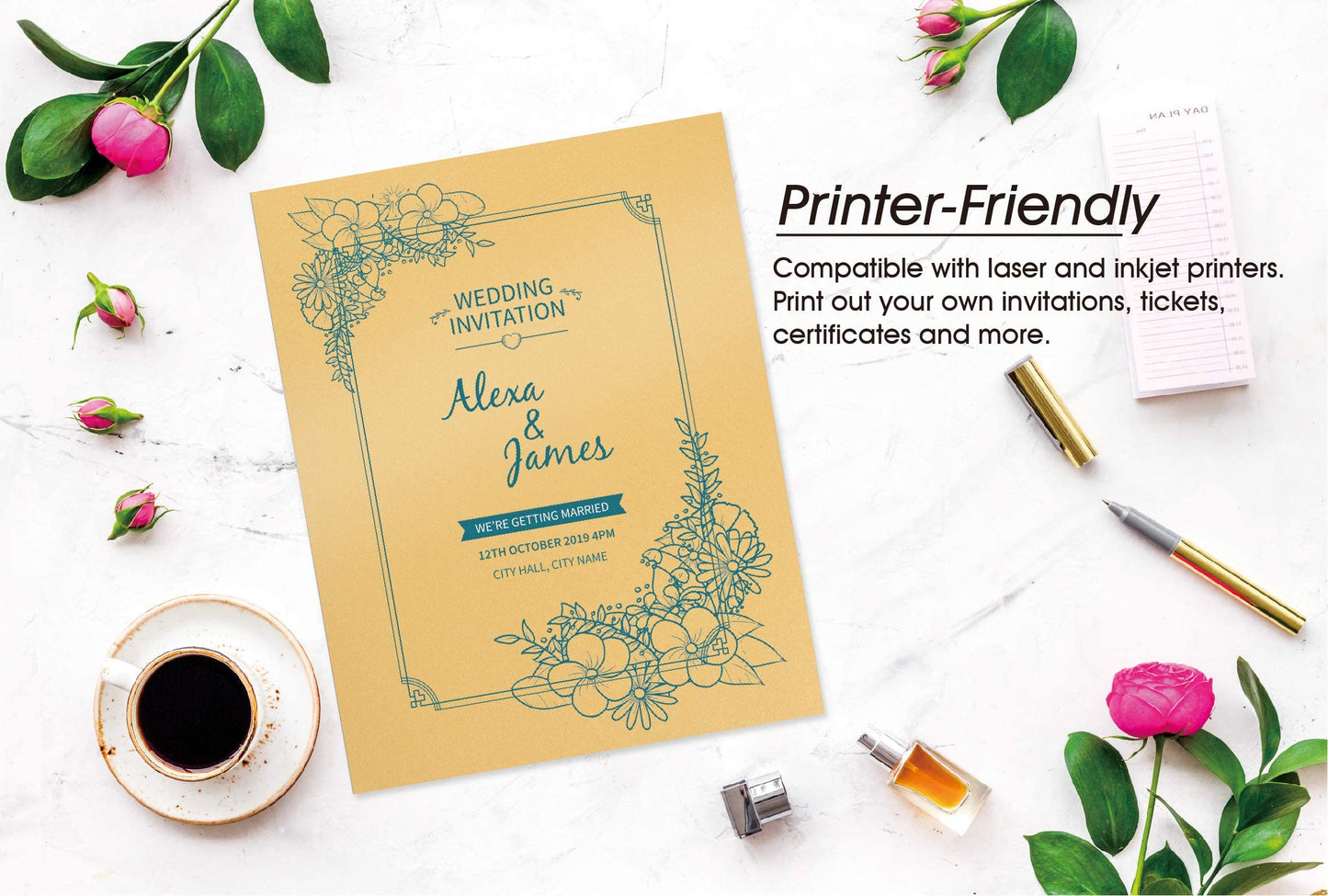 Gold Shimmer Paper - 100-Pack Metallic Cardstock Paper, 92 lb Cover, Double Sided, Printer Friendly - Perfect for Weddings, Birthdays, Craft Use, Letter Size Sheets, 8.5 x 11 Inches