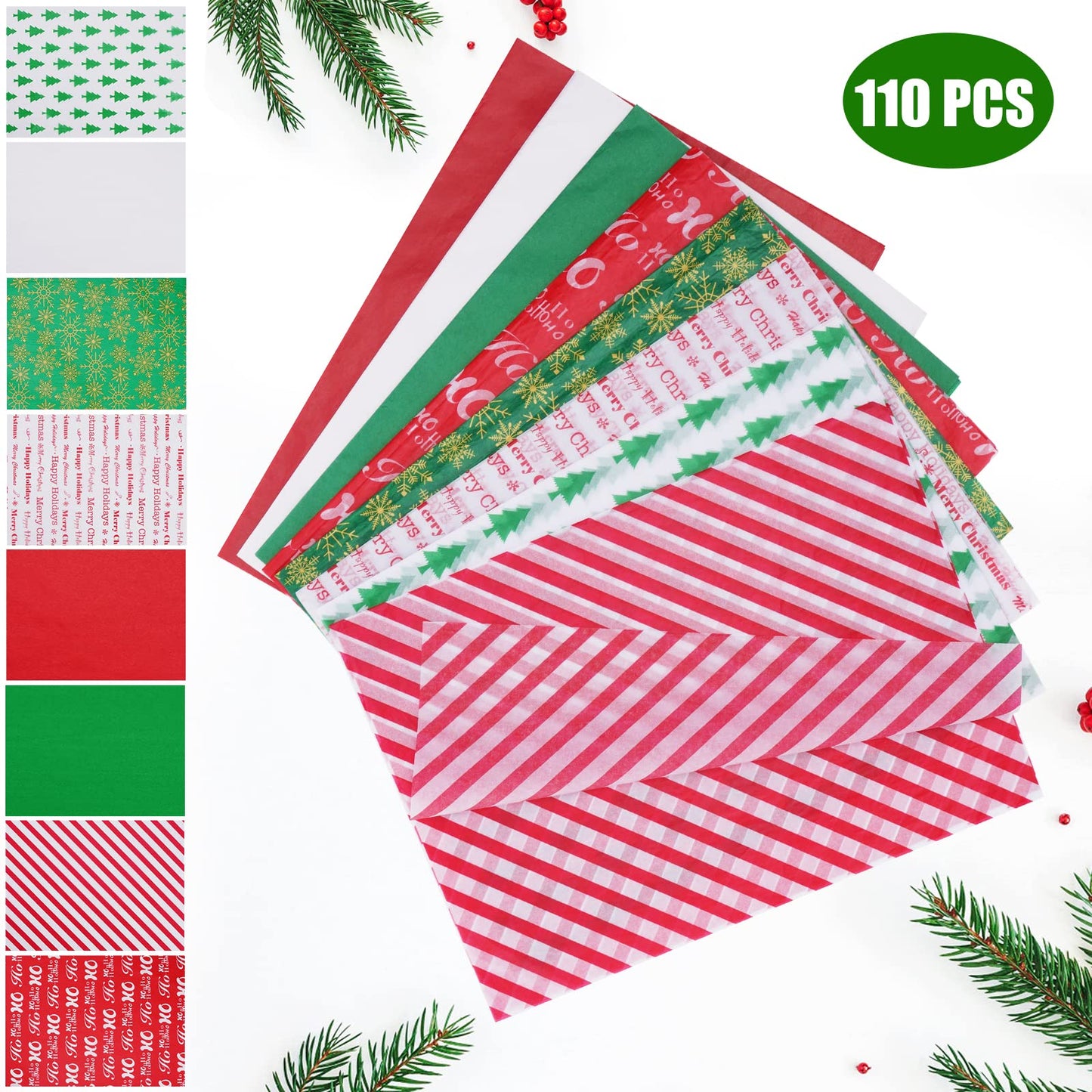 Blisstime Tissue Paper for Gift Bags 110 Sheets 13.8'' x 19.7'' Christmas Tissue Paper for Gift Wrapping, 8 Different Designs Christmas Wrapping Paper Bulk for DIY Crafts Holiday Decor (110)