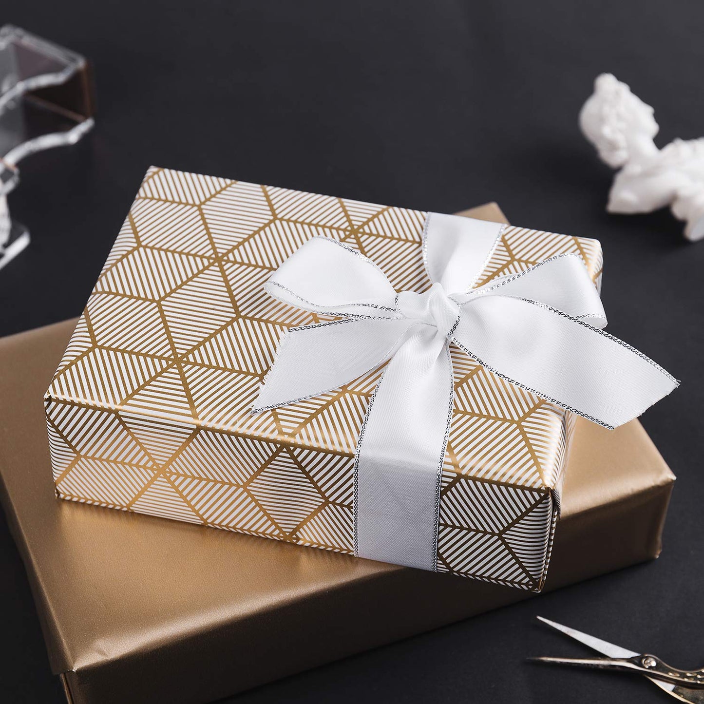 WRAPAHOLIC Wrapping Paper Roll - Gold and Navy Print with Cut Lines for Birthday, Holiday, Father's Day, Baby Shower - 4 Rolls - 30 inch X 120 inch Per Roll