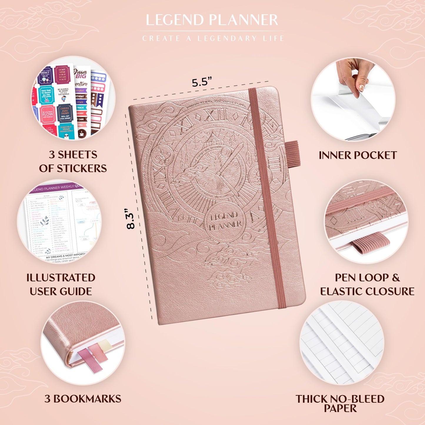 Legend Planner – Weekly & Monthly Life Planner to Hit Your Goals & Live Happier. Organizer Notebook & Productivity Journal. A5 (Rose Gold Gold)