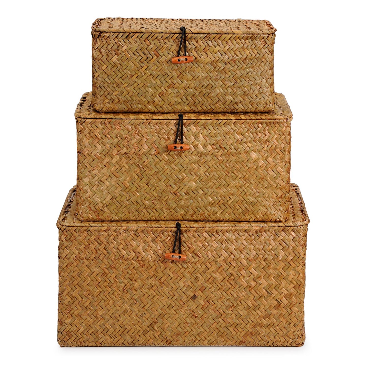 DOKOT Woven Wicker Storage Bins with Lid, Seagrass Basket for Shelf Organizer, Extra Large, Set of 3
