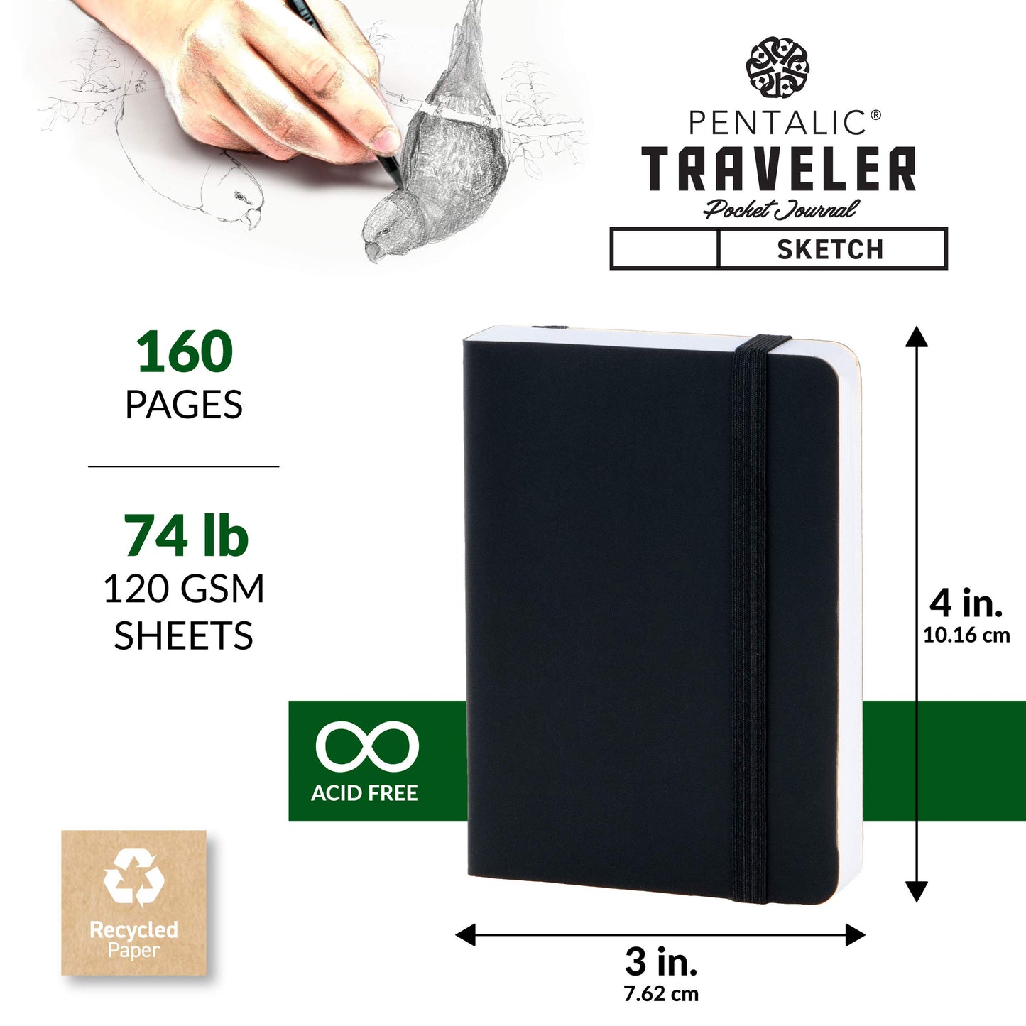 Pentalic 3" x 4" Pocket Sketchbook Traveler Journal, 160 Pages, Black