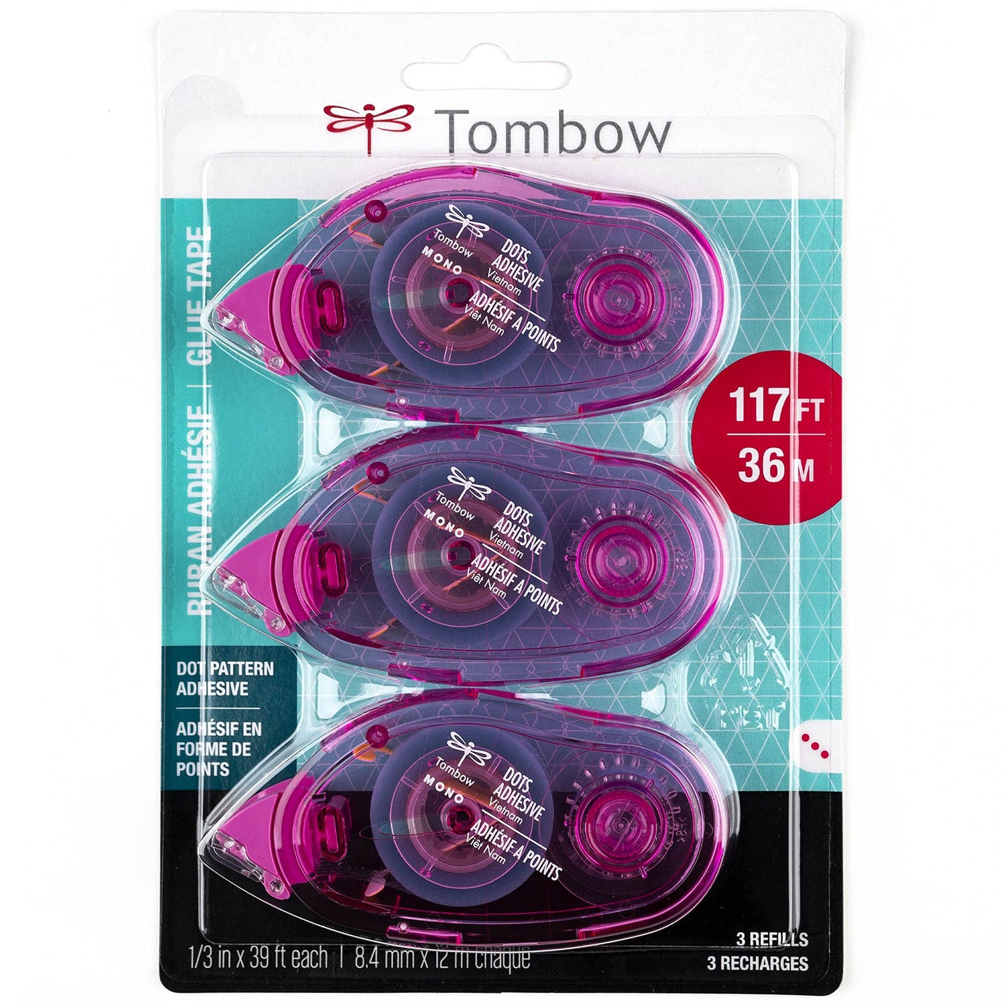 Tombow 62149 Mono Adhesive Dots Applicator Refills, 3-Pack. Easy to Refill for Smooth Application, Multicolor, Value Pack