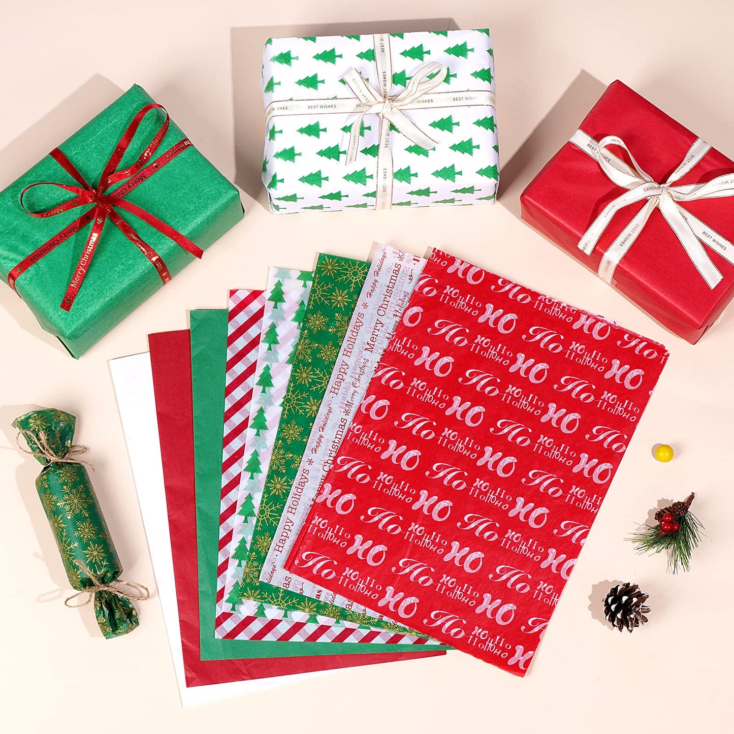 Blisstime Tissue Paper for Gift Bags 110 Sheets 13.8'' x 19.7'' Christmas Tissue Paper for Gift Wrapping, 8 Different Designs Christmas Wrapping Paper Bulk for DIY Crafts Holiday Decor (110)
