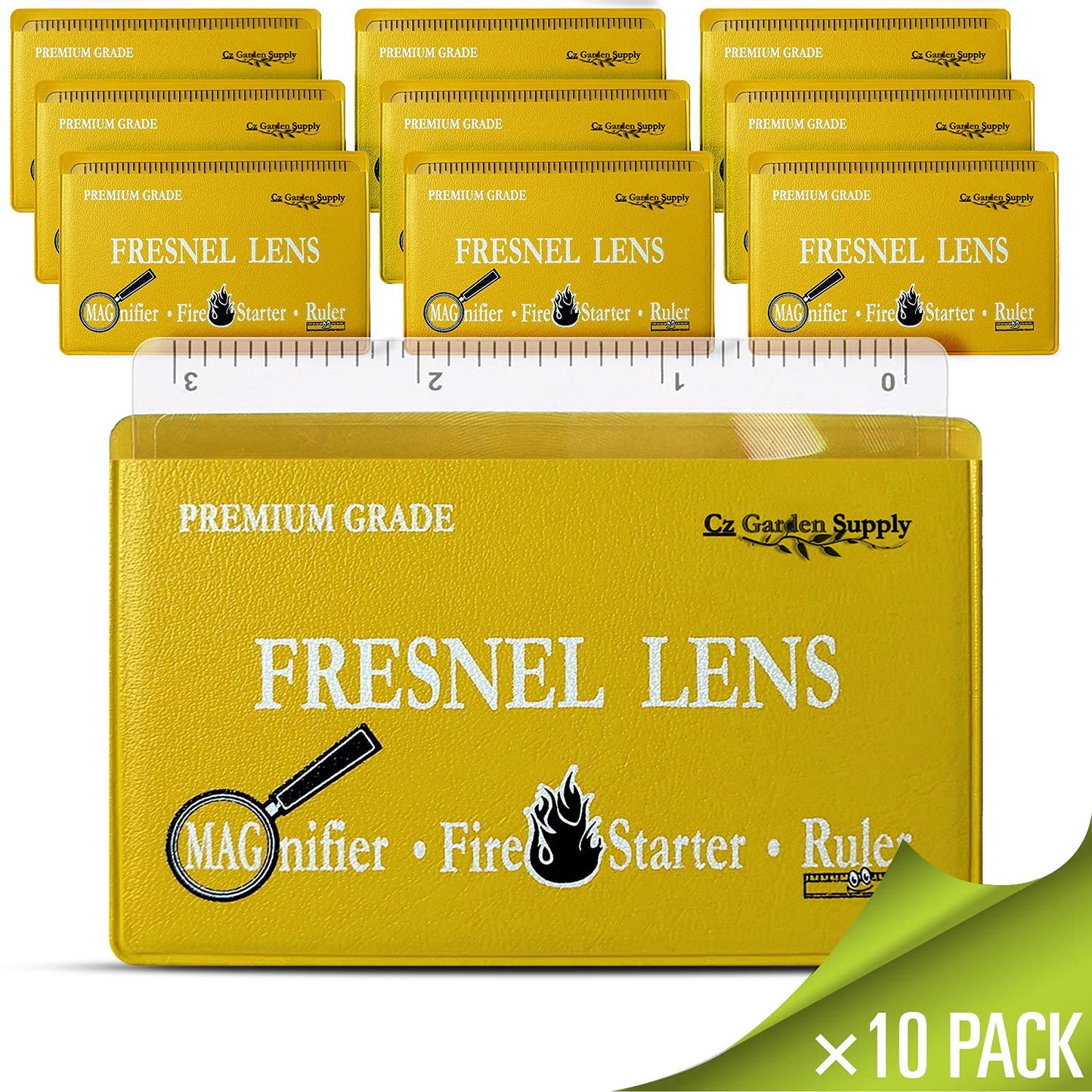 Fresnel Lens 4X Magnifier Pocket Wallet Credit Card Size • Ruler - Unbreakable Plastic for Home Office Classroom & Outdoor EDC Survival Kit Bushcraft (10 pack Ruler/Magnifier - Yellow)