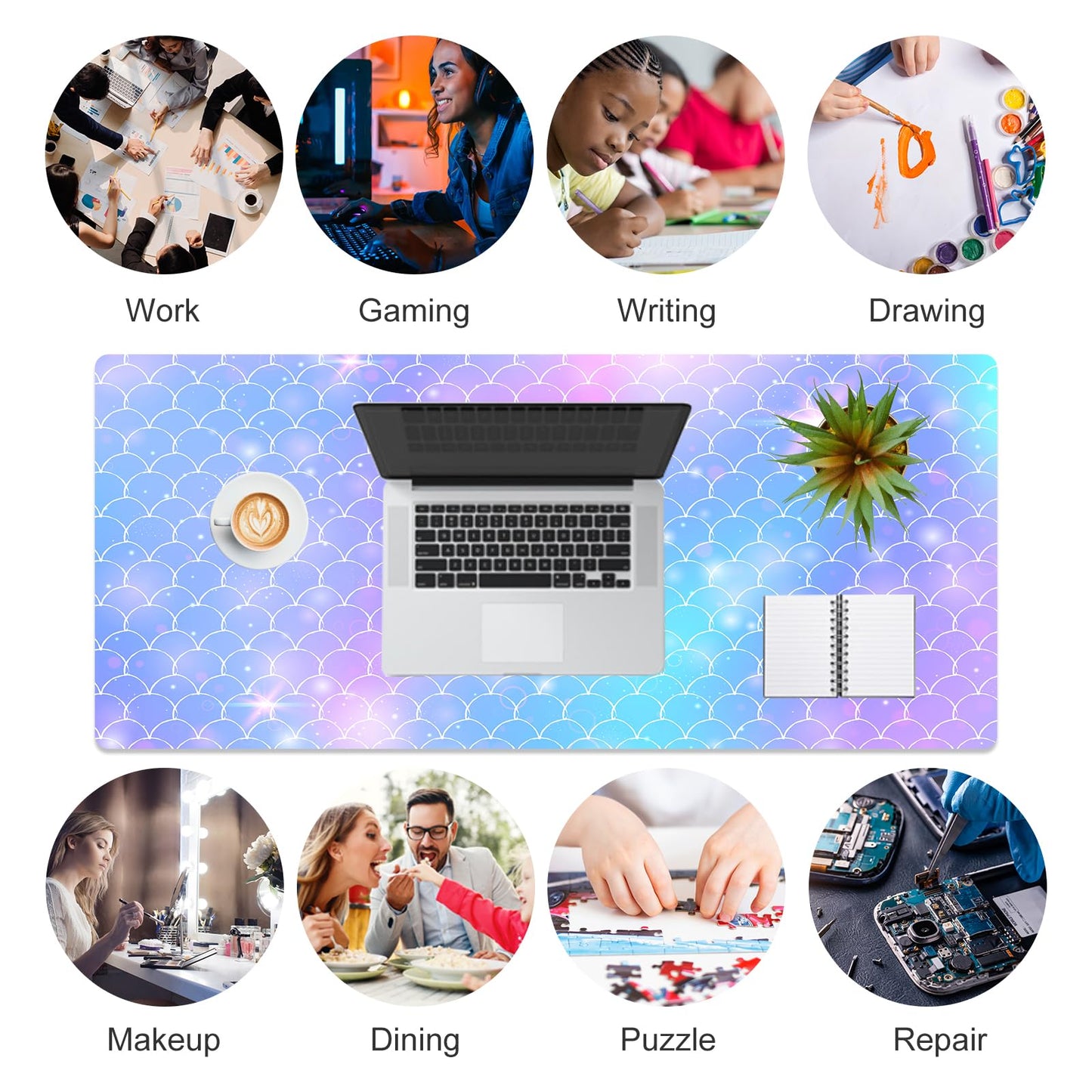 QIYI Multifunctional Office Desk Pad, Water-Resistant PU Leather Mouse Pad, Home Décor Large Desk Organizer Mat, Non Slip Base Writing Pads for Home & Office 31.5" x 15.7" - Mermaid Scales