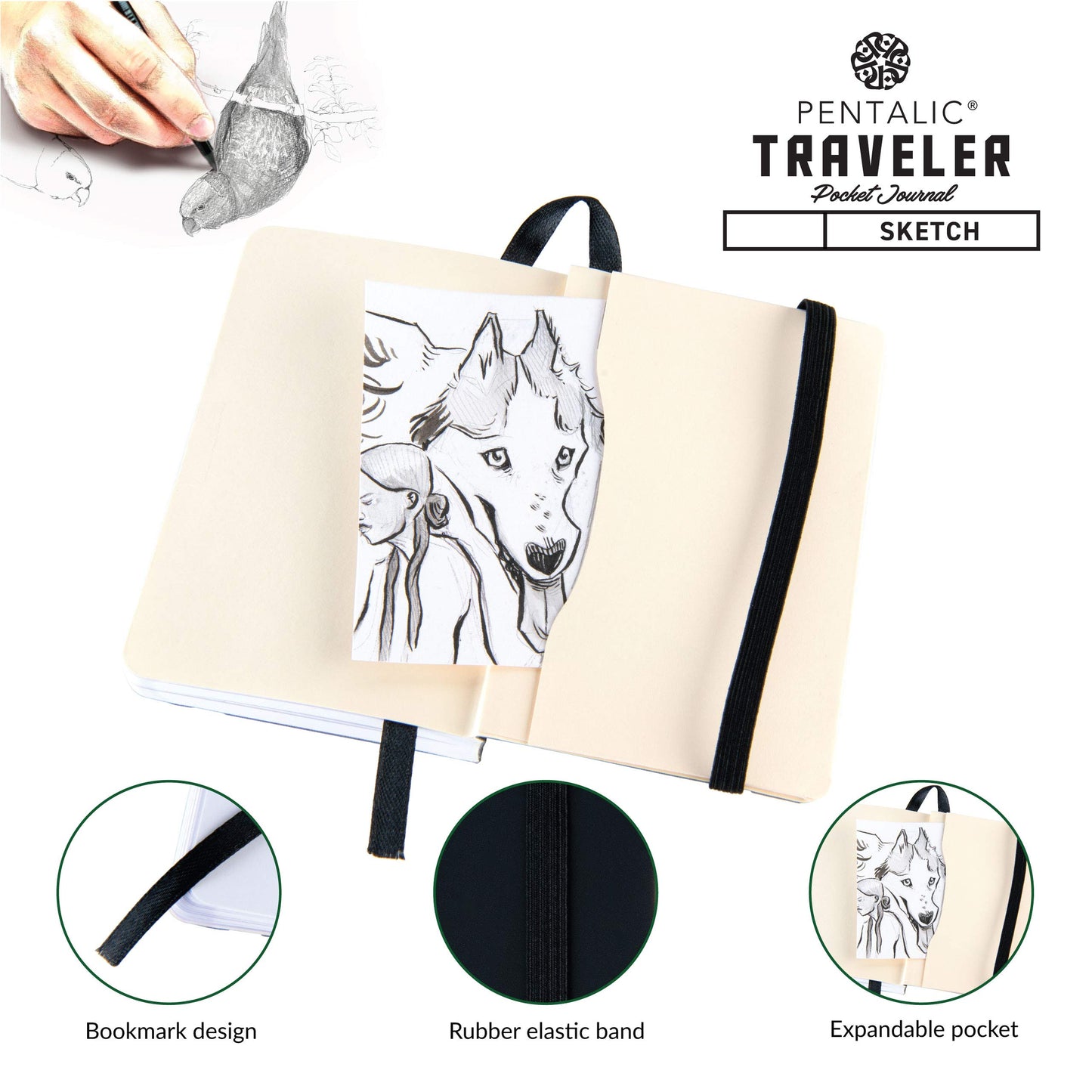 Pentalic 3" x 4" Pocket Sketchbook Traveler Journal, 160 Pages, Black
