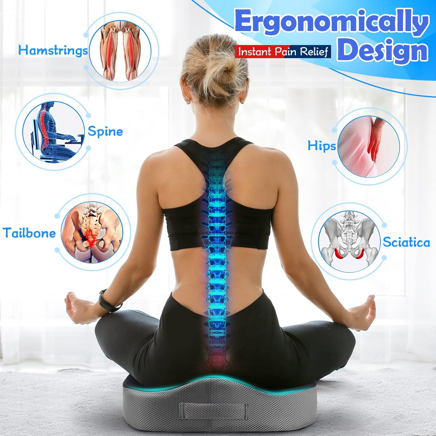 ROYI Memory Foam Seat/Chair Cushion for Relieves Back, Sciatica Pain, Tailbone Pain, Coccyx, Degenerating Disc, Orthopedic, Osteoarthritis, Sacrum, Prostate Cushion, Low Back Pain Cushion, Hip Shaping