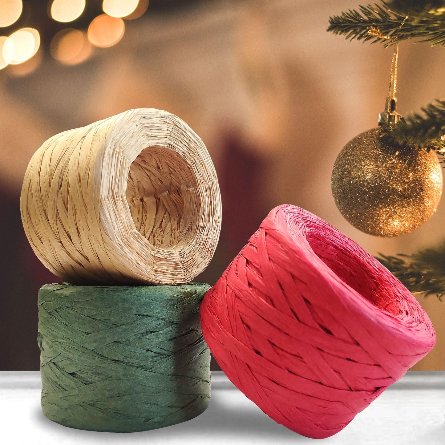 CREATRILL 3 Rolls Red Green Kraft 1/4" by 492 Feet Raffia Ribbon/String, 164Feet Each Roll, Packing Paper Twine for Christmas