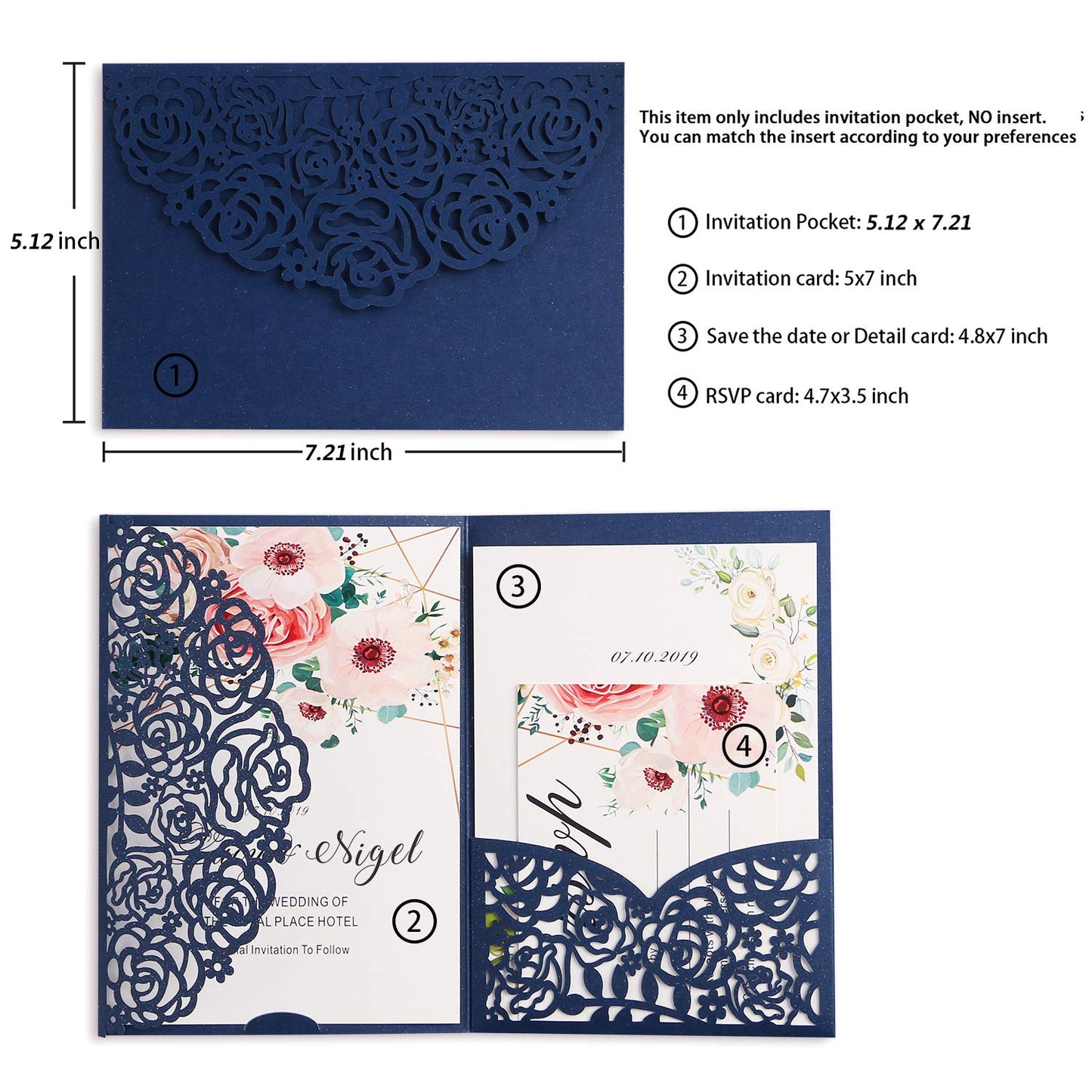 YIMIL 20 Pcs 5.12 x 7.21 inch Tri-fold Laser Cut Wedding Invitation Pocket for Wedding Quinceanera Bridal Shower Baby Shower Party Invite (Navy Blue)