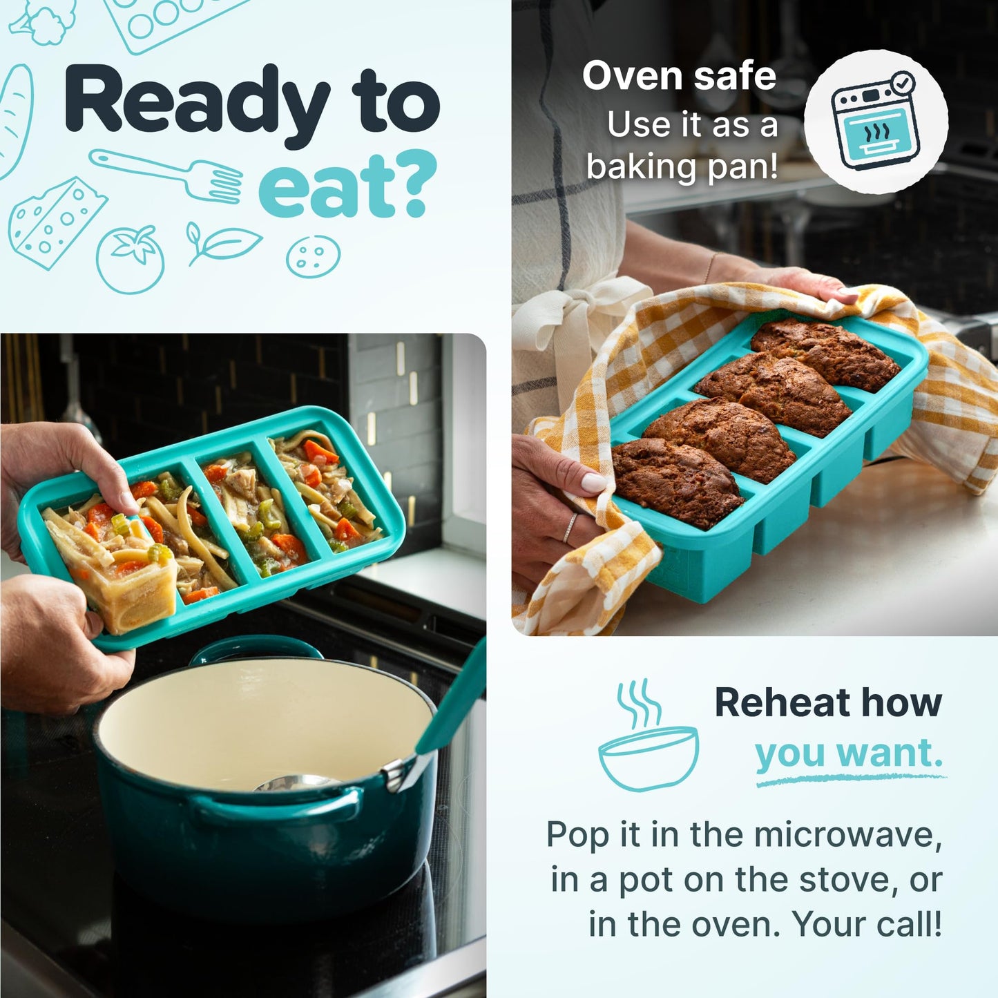 Souper Cubes 1 Cup Silicone Freezer Tray With Lid - Easy Meal Prep Container and Kitchen Storage Solution - Silicone Molds for Soup and Food Storage - Aqua - 2-Pack
