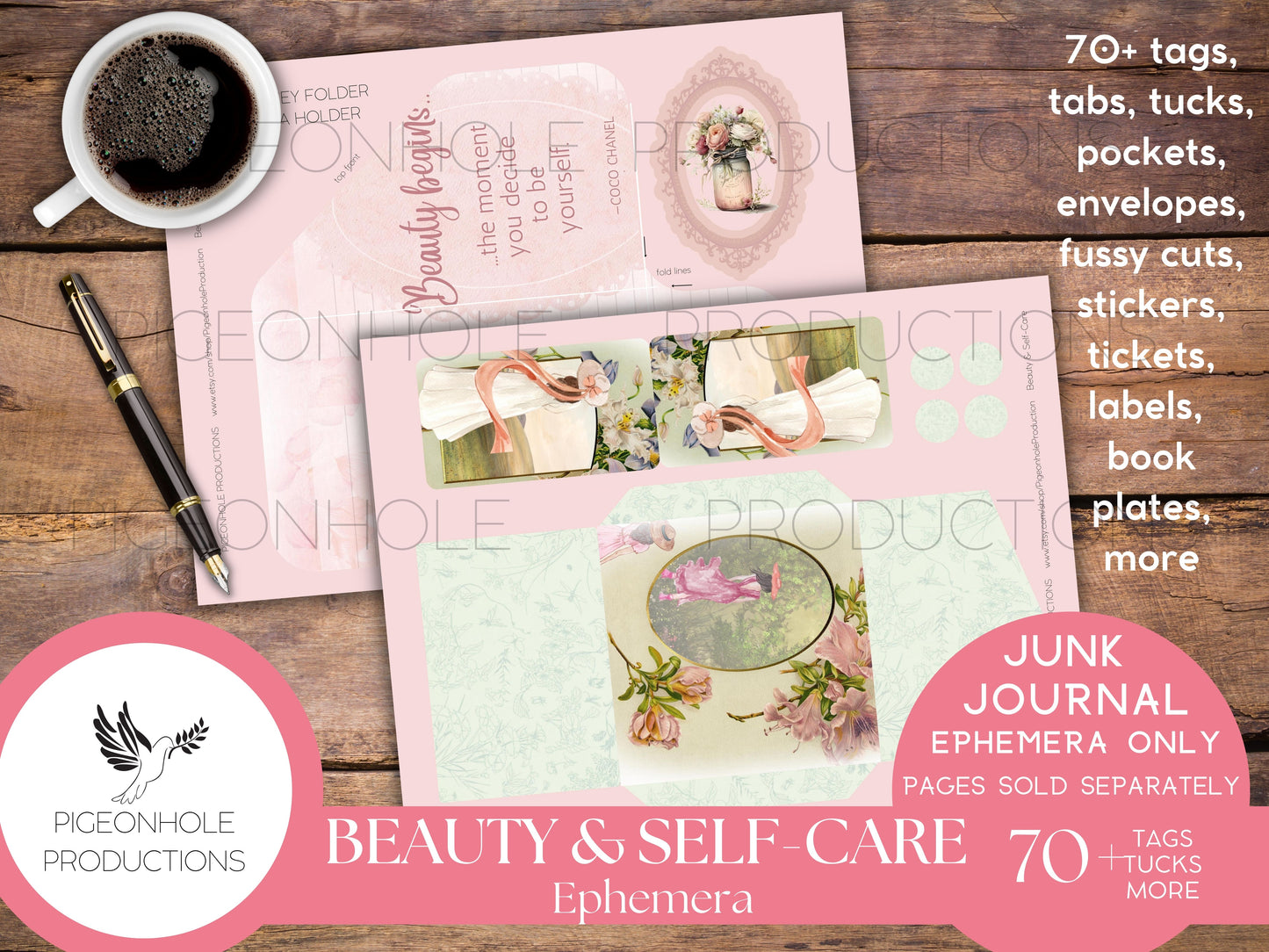Beauty & Self-Care Junk Journal EPHEMERA, PRINTABLE, 70+ tags, tucks, pockets, envelopes, fussy cuts, stickers, tickets, labels, bookplates