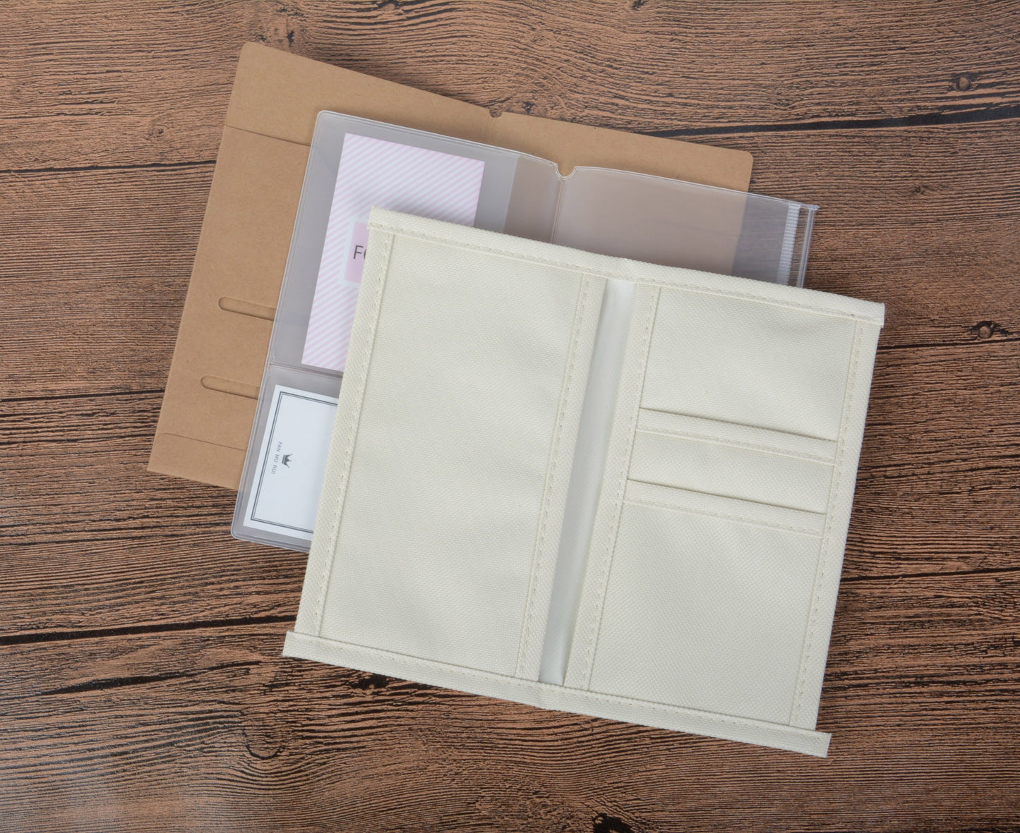 Funcoo Set of 3 Kraft File Folder+ Zipper Pouch & Card Sleeve + Oxford Fabric Pocket Travel Accessories Pack for Travelers Notebook (Personal Size(6.5''x3.74''))