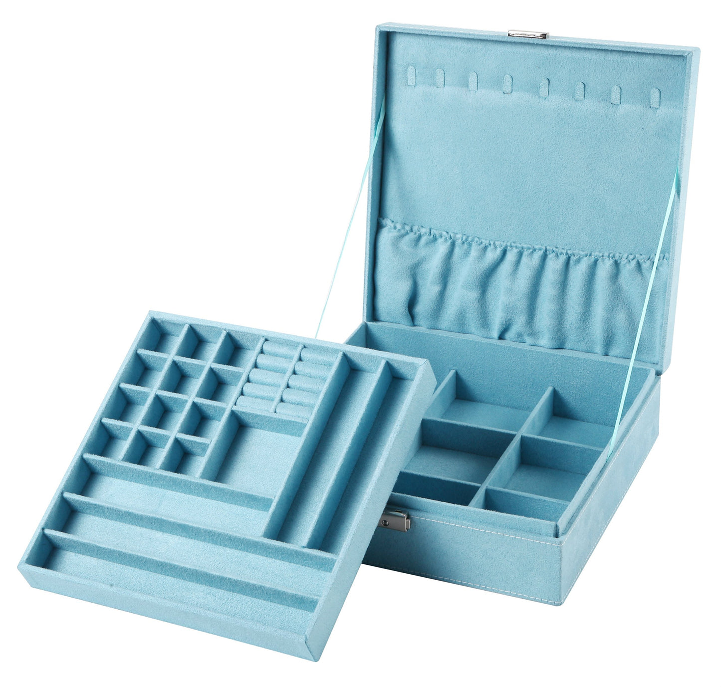 Sodynee Two-Layer Lint Jewelry Box Organizer Display Storage Case with Lock, Blue