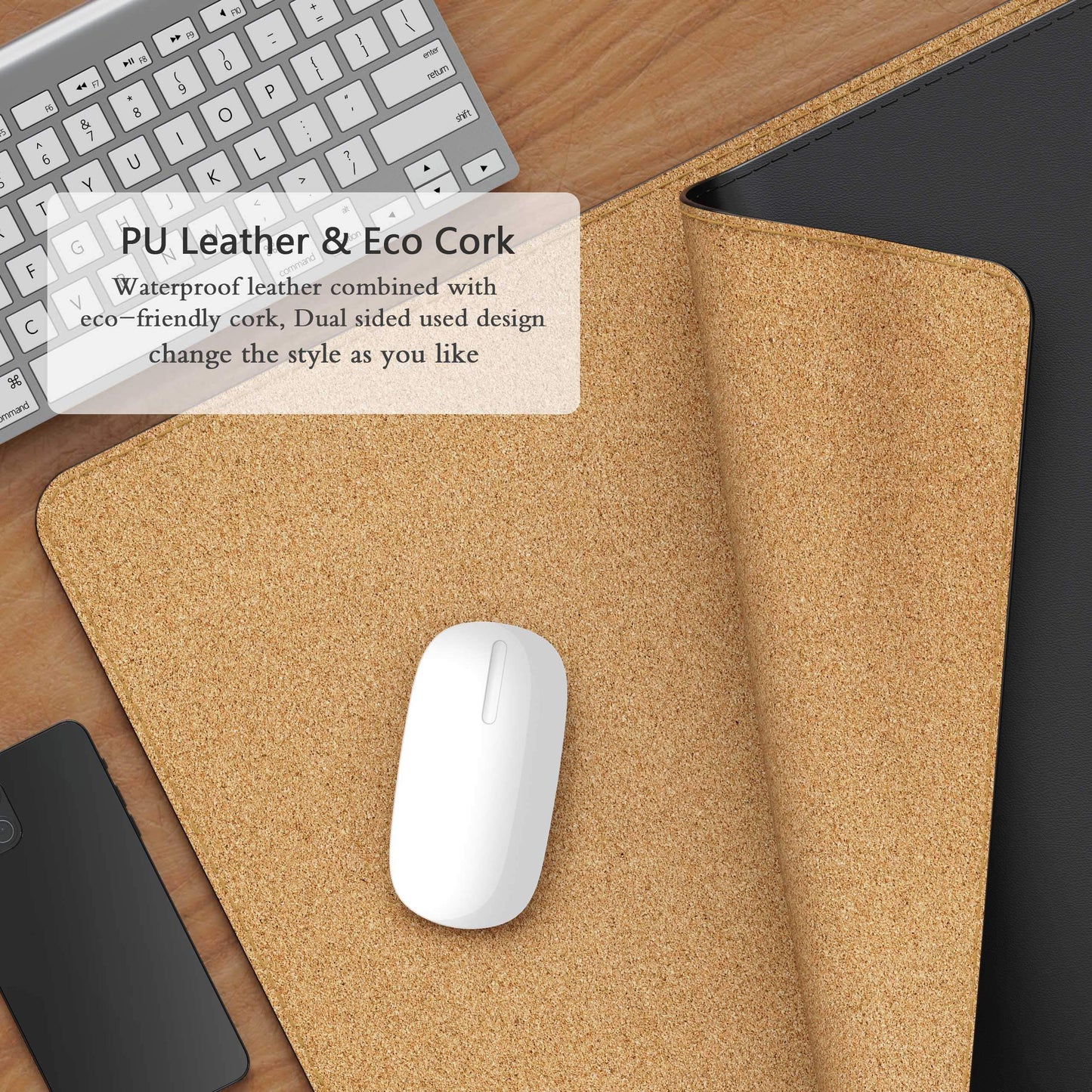 YSAGi Eco Cork Leather Desk Pad, Ultra Thin Waterproof Large PU Leather Mouse Pad, Dual Use Desk Writing Mat for Office/Home (23.6"x13.7", Cork+Black)